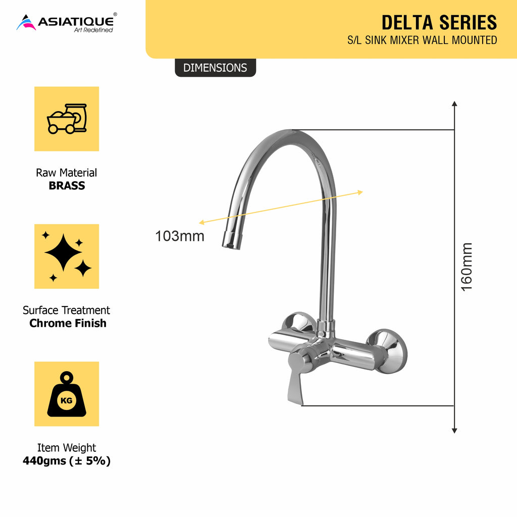 Asiatique S/L Sink Mixer Wall Mounted (D-031), Delta Series Premium Brass Bathroom & Kitchen Faucets