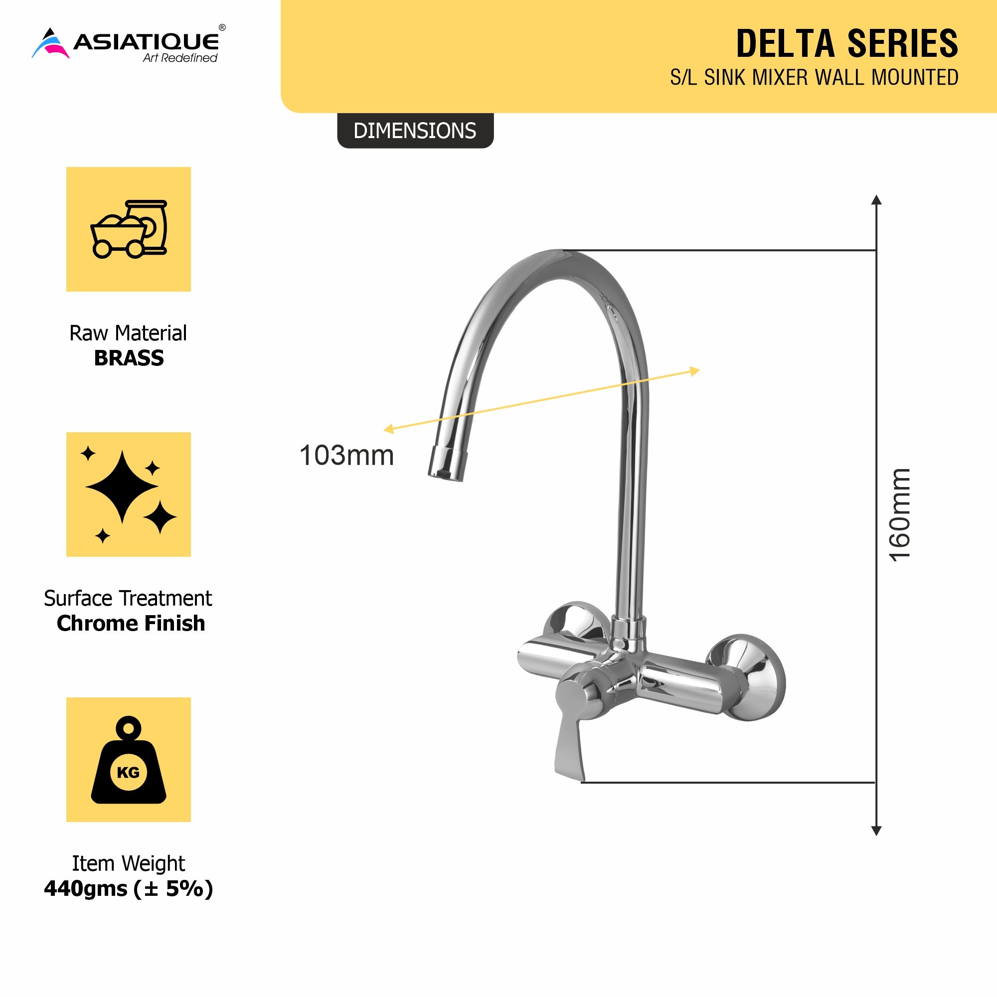 Asiatique S/L Sink Mixer Wall Mounted (D-031), Delta Series Premium Brass Bathroom & Kitchen Faucets