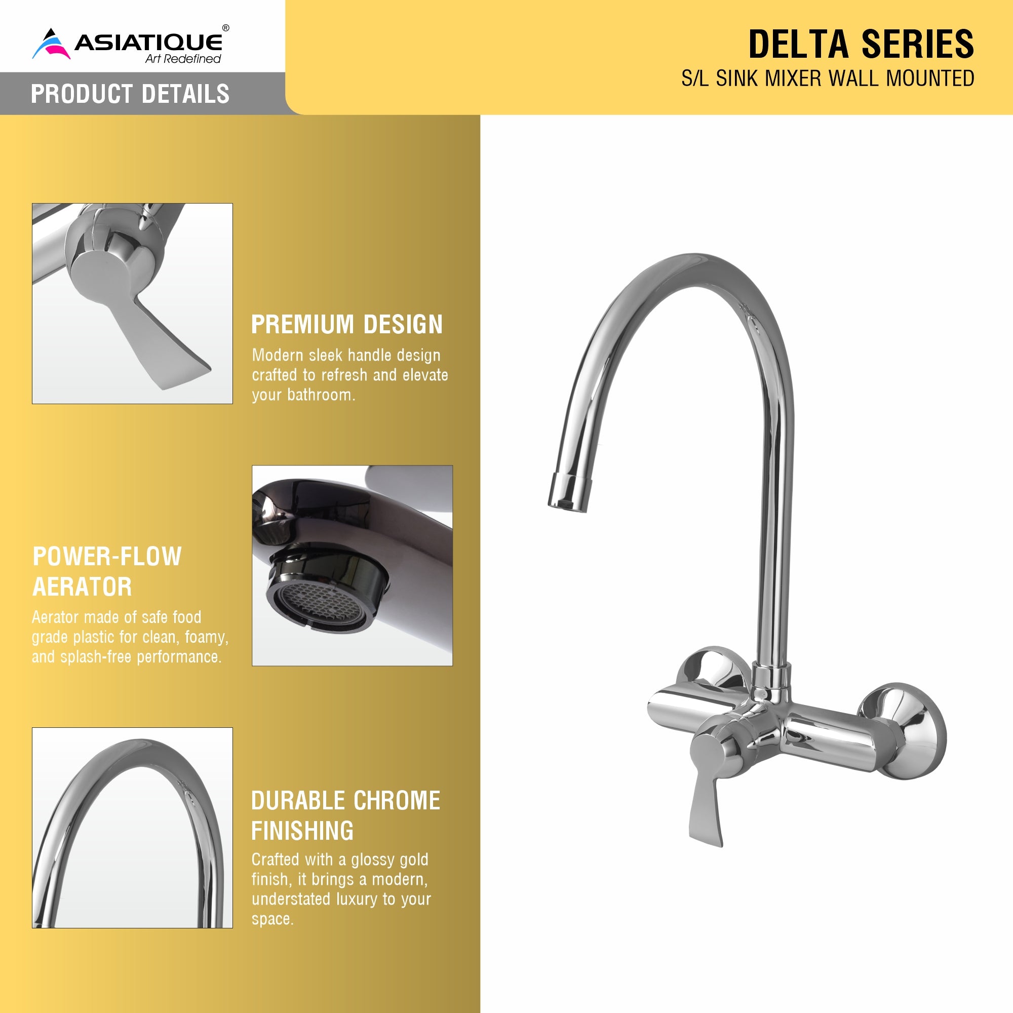 Asiatique S/L Sink Mixer Wall Mounted (D-031), Delta Series Premium Brass Bathroom & Kitchen Faucets