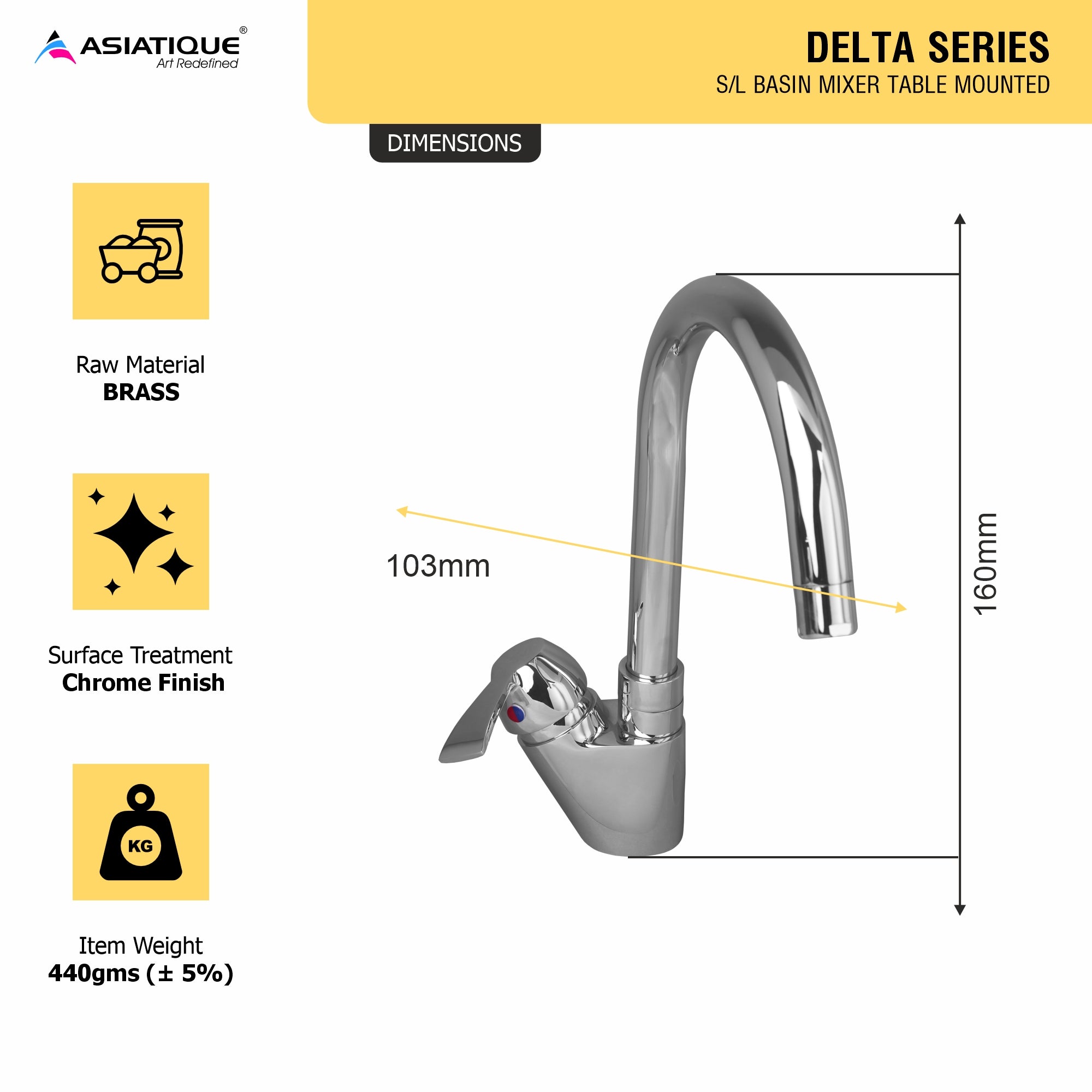 Asiatique S/L Basin Mixer Table Mounted (D-032), Delta Series Premium Brass Bathroom & Kitchen Faucets