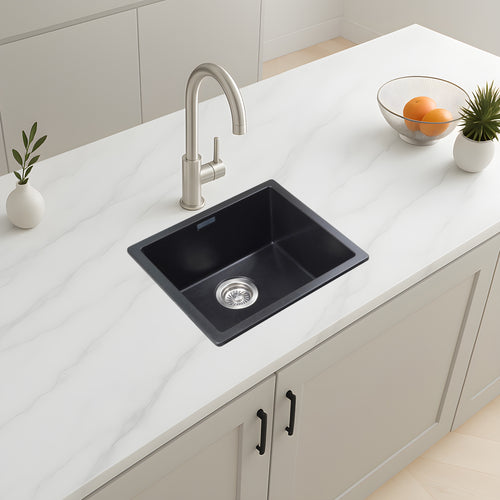 Asiatique Single Bowl Quartz Kitchen Sink (D104- LAVELLO), Granite Finish, 304 Grade SS coupling, Slop Drain, Noise Reduction Design | 18 x 16 x 8 inches