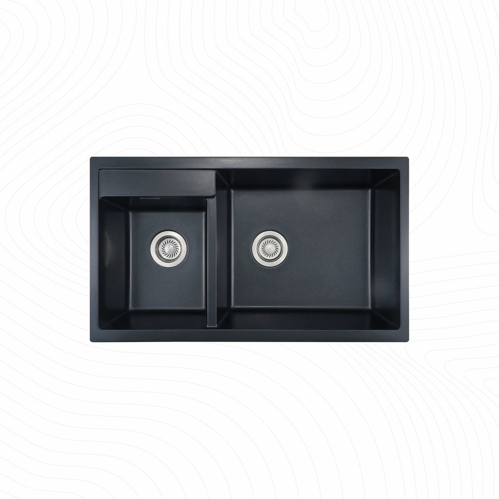 Asiatique Double Bowl Quartz Kitchen Sink (D201- ALEX), Granite Finish, 304 Grade SS coupling, Slop Drain, Noise Reduction Design | 34 x 20 x 8 inches