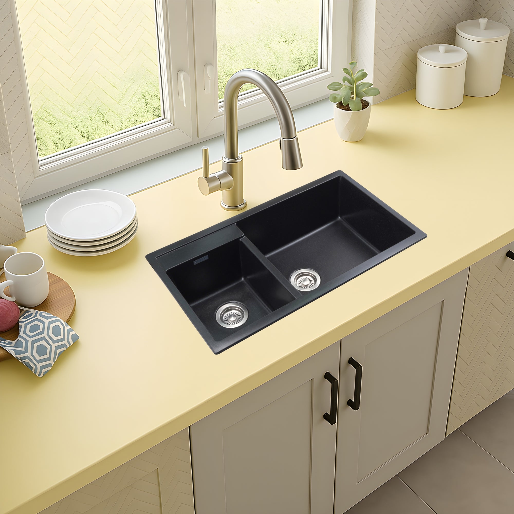 Asiatique Double Bowl Quartz Kitchen Sink (D201- ALEX), Granite Finish, 304 Grade SS coupling, Slop Drain, Noise Reduction Design | 34 x 20 x 8 inches