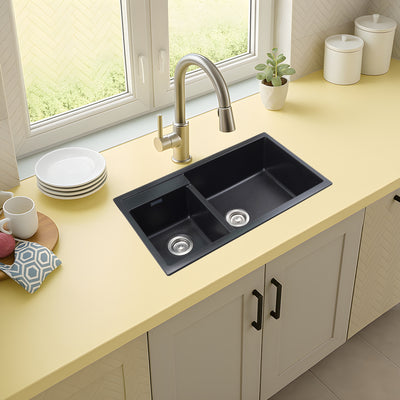 Asiatique Double Bowl Quartz Kitchen Sink (D201- ALEX), Granite Finish, 304 Grade SS coupling, Slop Drain, Noise Reduction Design | 34 x 20 x 8 inches