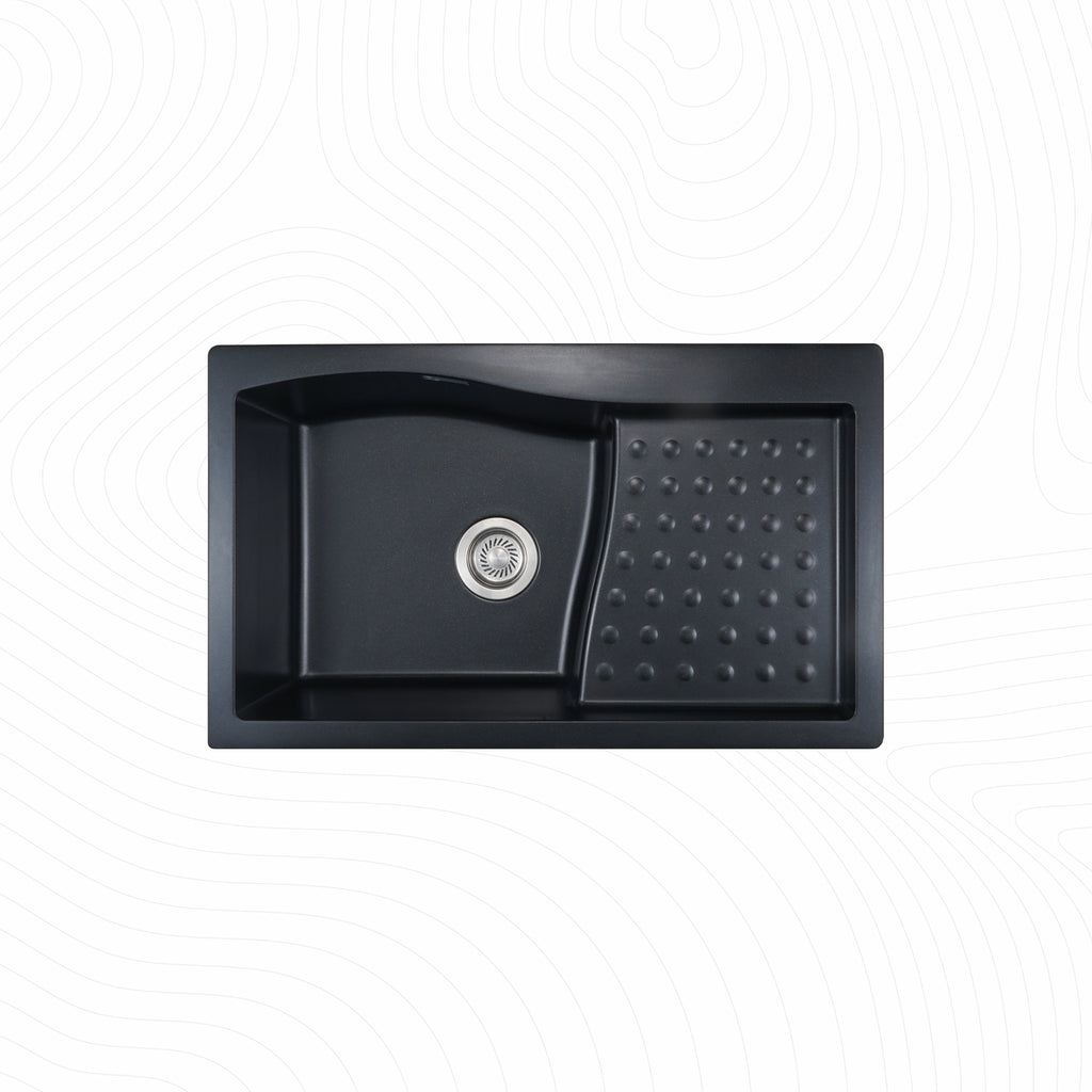 Asiatique Single Bowl with Drain Board Quartz Kitchen Sink (D301 - METRA), Granite Finish, 304 Grade SS coupling, Slop Drain, Noise Reduction Design | 32 x 19 x 8 inches