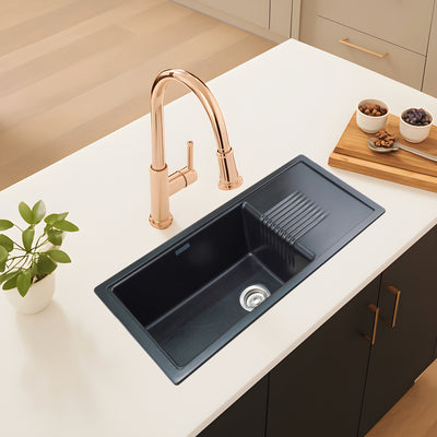 Asiatique Single Bowl with Drain Quartz Kitchen Sink (D303 - NEXA), Granite Finish, 304 Grade SS coupling, Slop Drain, Noise Reduction Design | 36 x 18 x 8 inches
