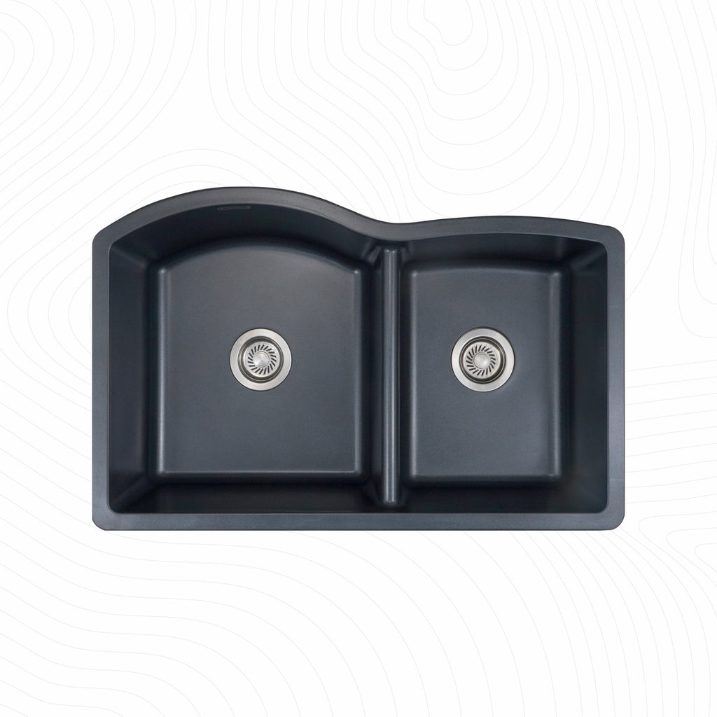 Asiatique Double Bowl Quartz Kitchen Sink (D401 - IMPERIAL), Granite Finish, 304 Grade SS coupling, Slop Drain, Noise Reduction Design | 33 x 21.5 x 9 inches