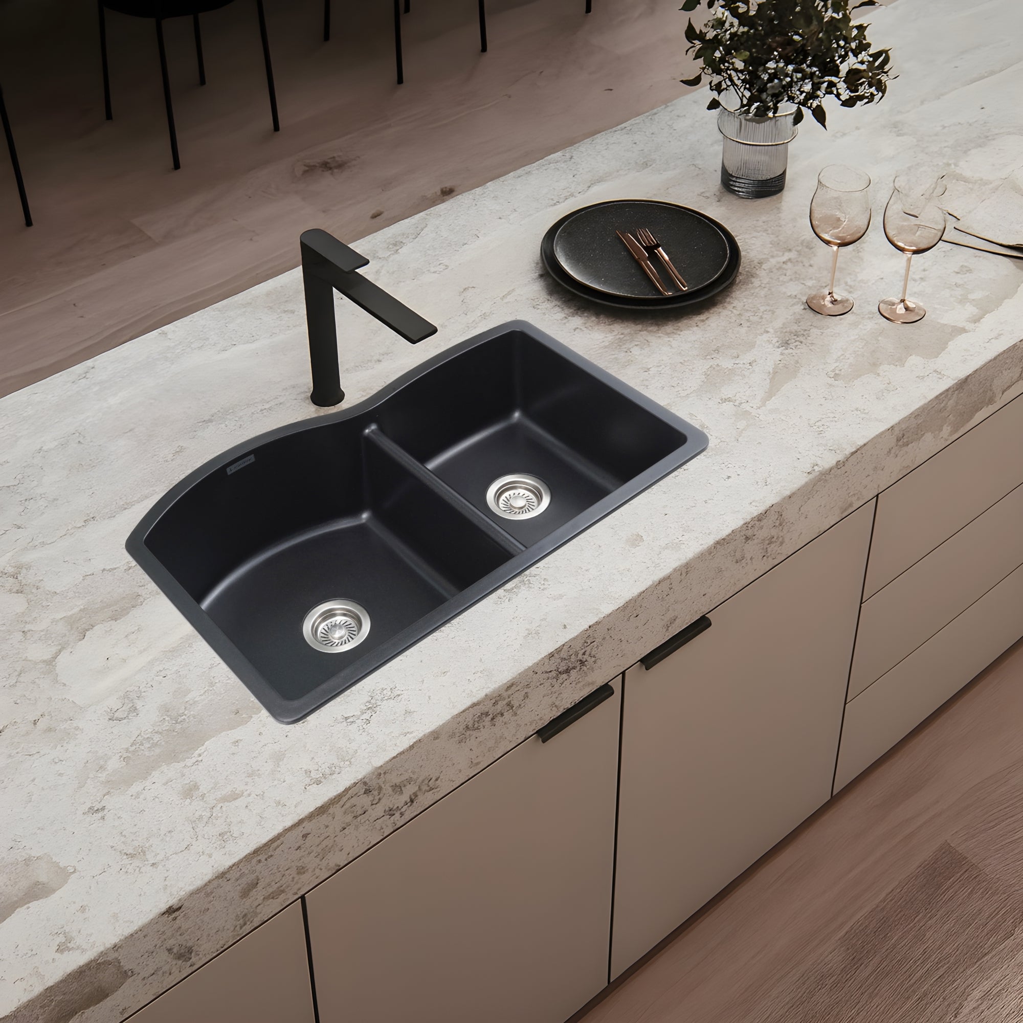 Asiatique Quartz Kitchen Sink D–401 (IMPERIAL) | 33" x 21.5" | German Quartz Single Bowl with Flat Drain | Top, Flush & Under Mount