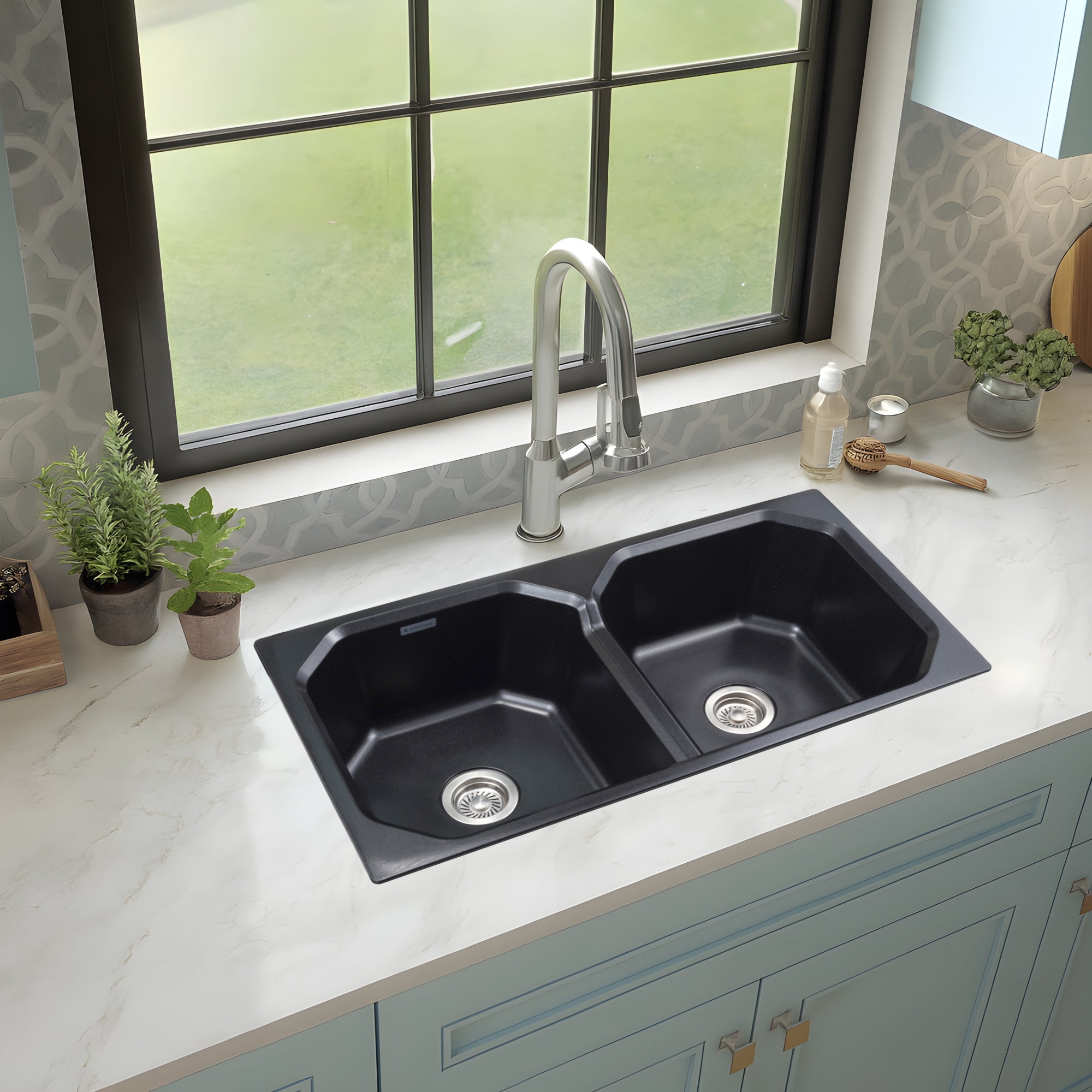 Asiatique Double Bowl Quartz Kitchen Sink (D402 - CARNIVAL), Granite Finish, 304 Grade SS coupling, Slop Drain, Noise Reduction Design | 37 x 20 x 8 inches