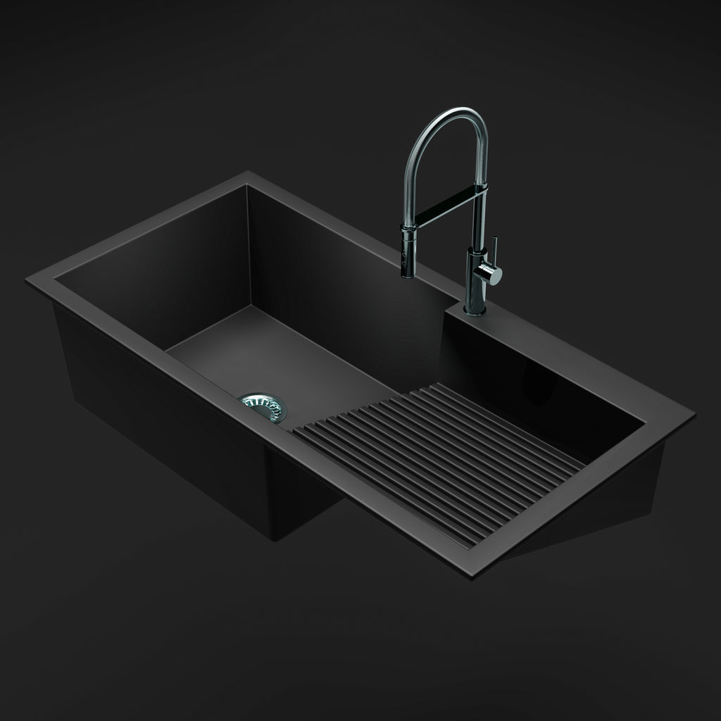 Asiatique Single Bowl Laundry Quartz Kitchen Sink (D403 - QUEEN), Granite Finish, 304 Grade SS coupling, Slop Drain, Noise Reduction Design | 40 x 20 x 10 inches