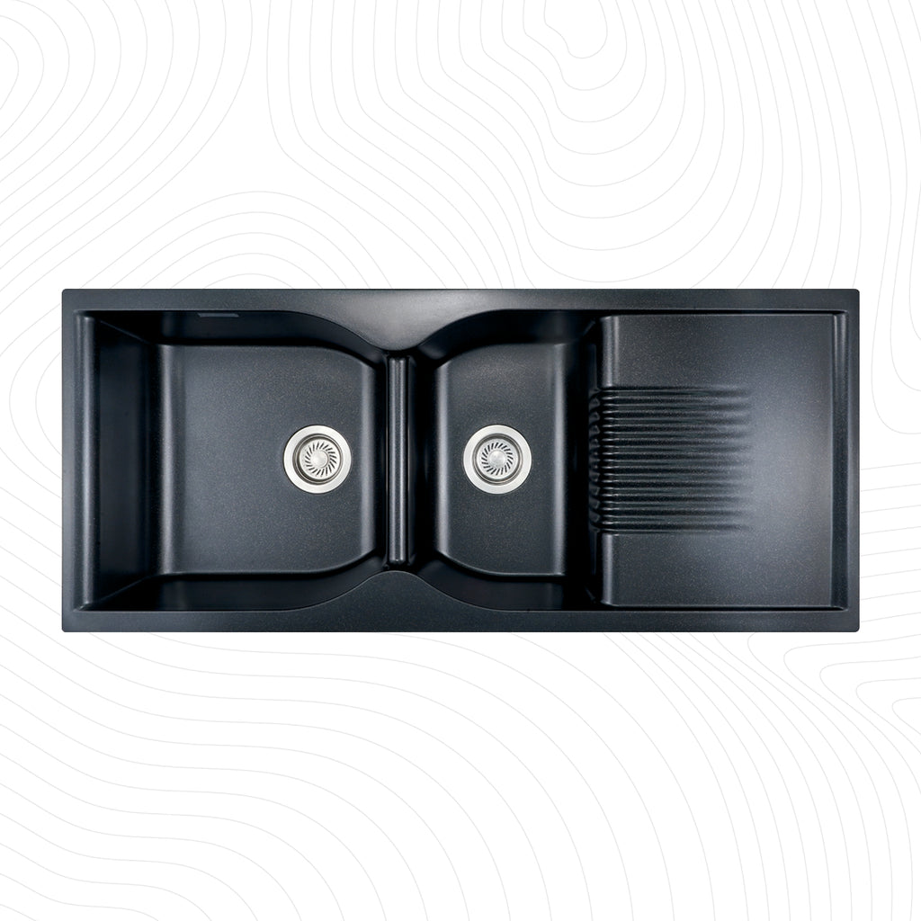 Asiatique Double Bowl with Drain Quartz Kitchen Sink (D501 - LEXA), Granite Finish, 304 Grade SS coupling, Slop Drain, Noise Reduction Design | 45 x 19.5 x 8 inches
