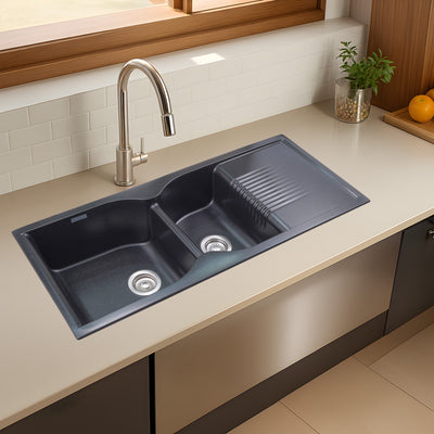 Asiatique Double Bowl with Drain Quartz Kitchen Sink (D501 - LEXA), Granite Finish, 304 Grade SS coupling, Slop Drain, Noise Reduction Design | 45 x 19.5 x 8 inches