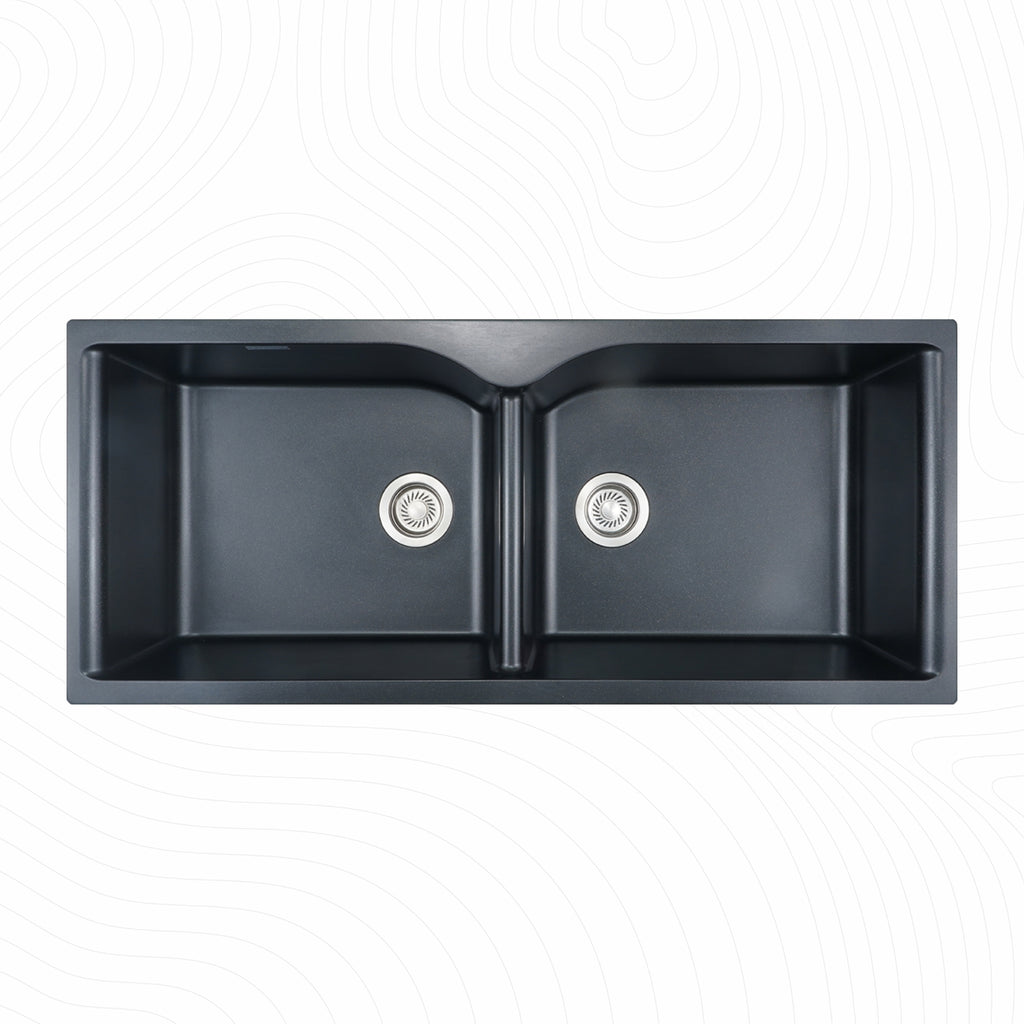 Asiatique Double Bowl Quartz Kitchen Sink (D502 - ELITE), Granite Finish, 304 Grade SS coupling, Slop Drain, Noise Reduction Design | 45 x 19.5 x 9 inches