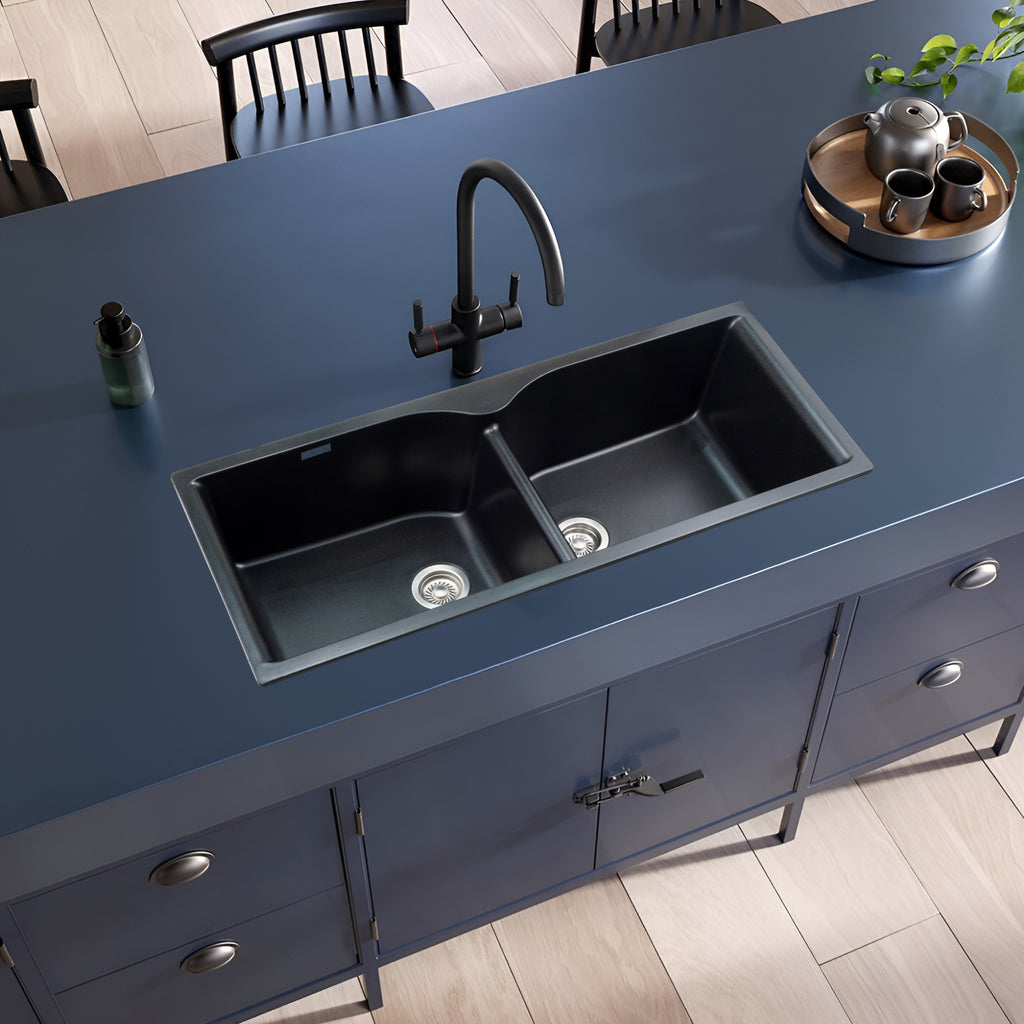 Asiatique Double Bowl Quartz Kitchen Sink (D502 - ELITE), Granite Finish, 304 Grade SS coupling, Slop Drain, Noise Reduction Design | 45 x 19.5 x 9 inches