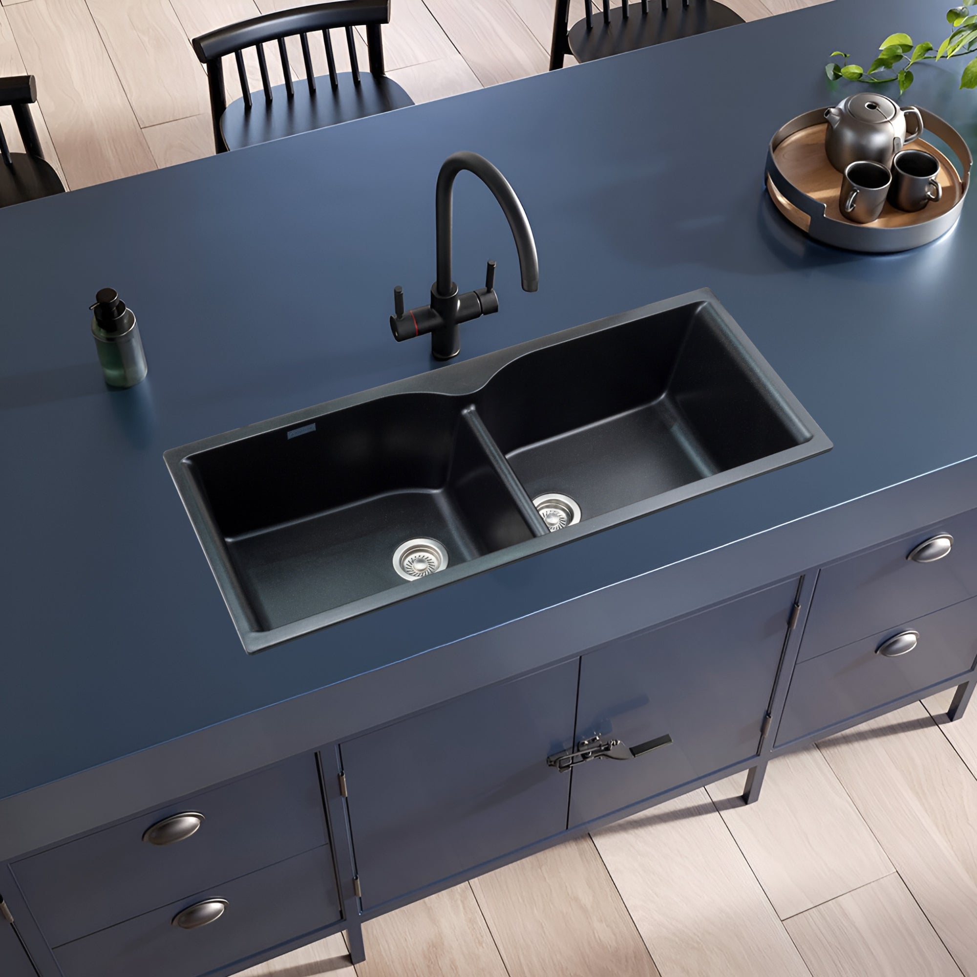 Asiatique Double Bowl Quartz Kitchen Sink (D502 - ELITE), Granite Finish, 304 Grade SS coupling, Slop Drain, Noise Reduction Design | 45 x 19.5 x 9 inches