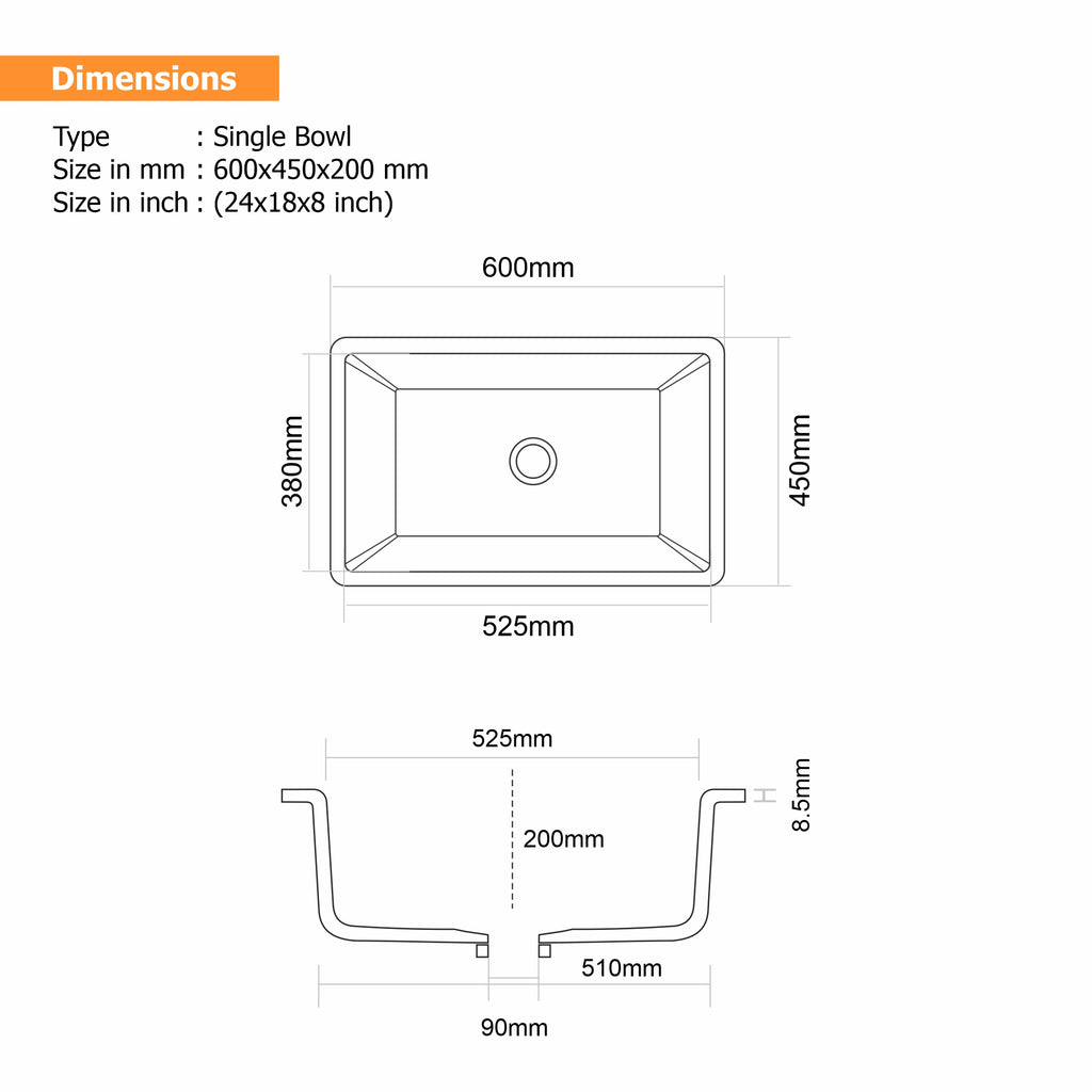 Asiatique Granite Kitchen Sink D-101 (IKON) | 24" x 18" | German Quartz Single Bowl | Top, Flush & Under Mount