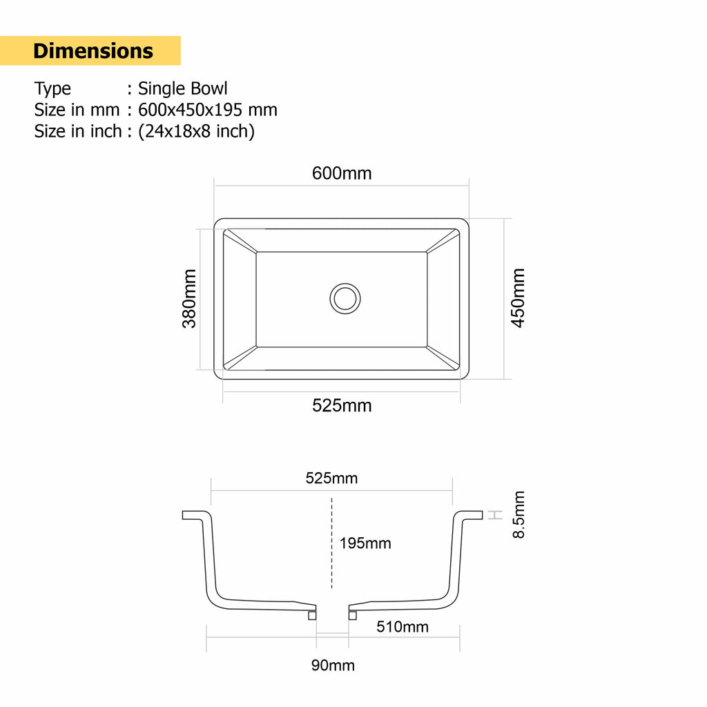 Asiatique Quartz Kitchen Sink D-101 (IKON) | 24" x 18" | German Quartz Single Bowl | Top, Flush & Under Mount