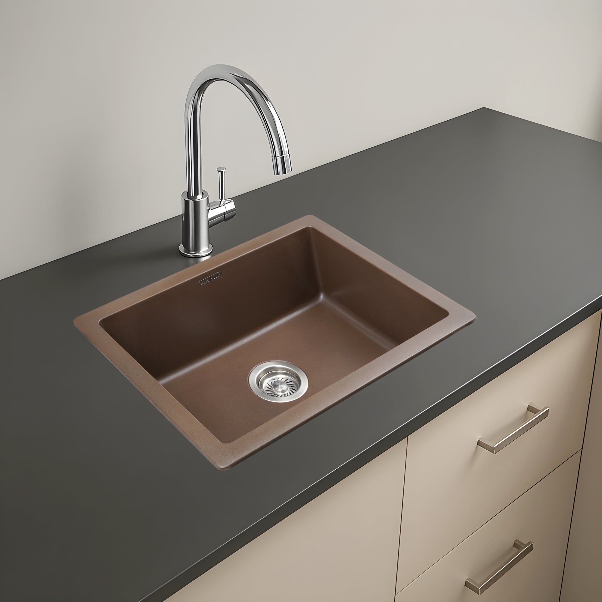 Asiatique Single Bowl Quartz Kitchen Sink (D101- IKON), Granite Finish, 304 Grade SS coupling, Slop Drain, Noise Reduction Design | 24 x 18 x 8 inches