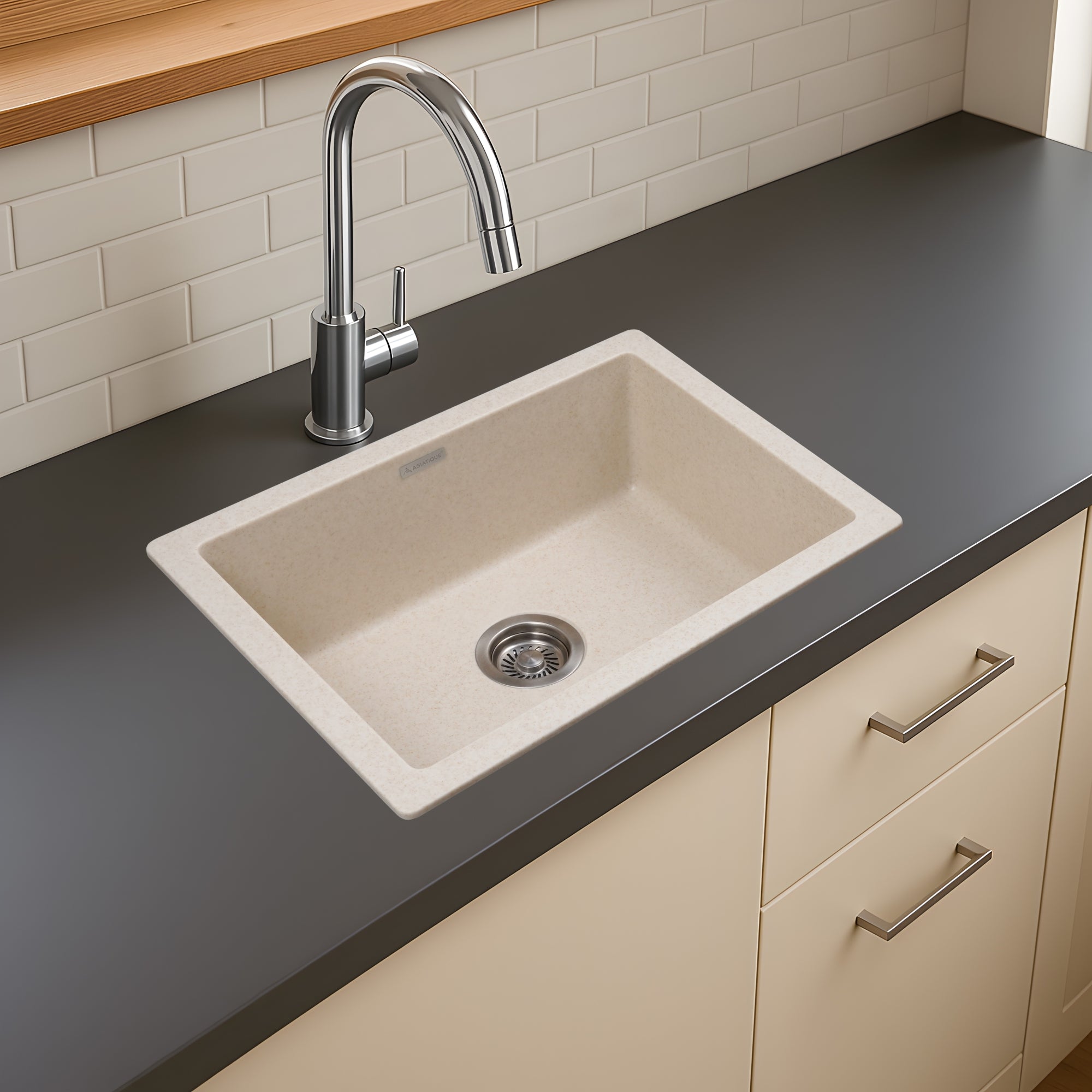 Asiatique Granite Kitchen Sink D-101 (IKON) | 24" x 18" | German Quartz Single Bowl | Top, Flush & Under Mount
