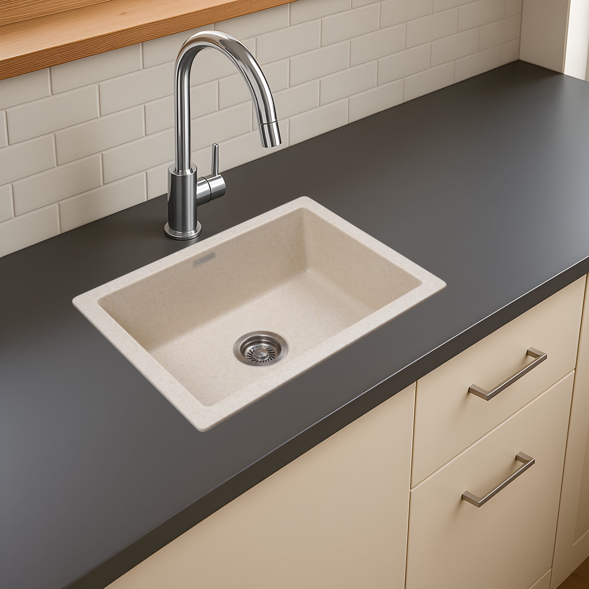 Asiatique Single Bowl Quartz Kitchen Sink (D101- IKON), Granite Finish, 304 Grade SS coupling, Slop Drain, Noise Reduction Design | 24 x 18 x 8 inches