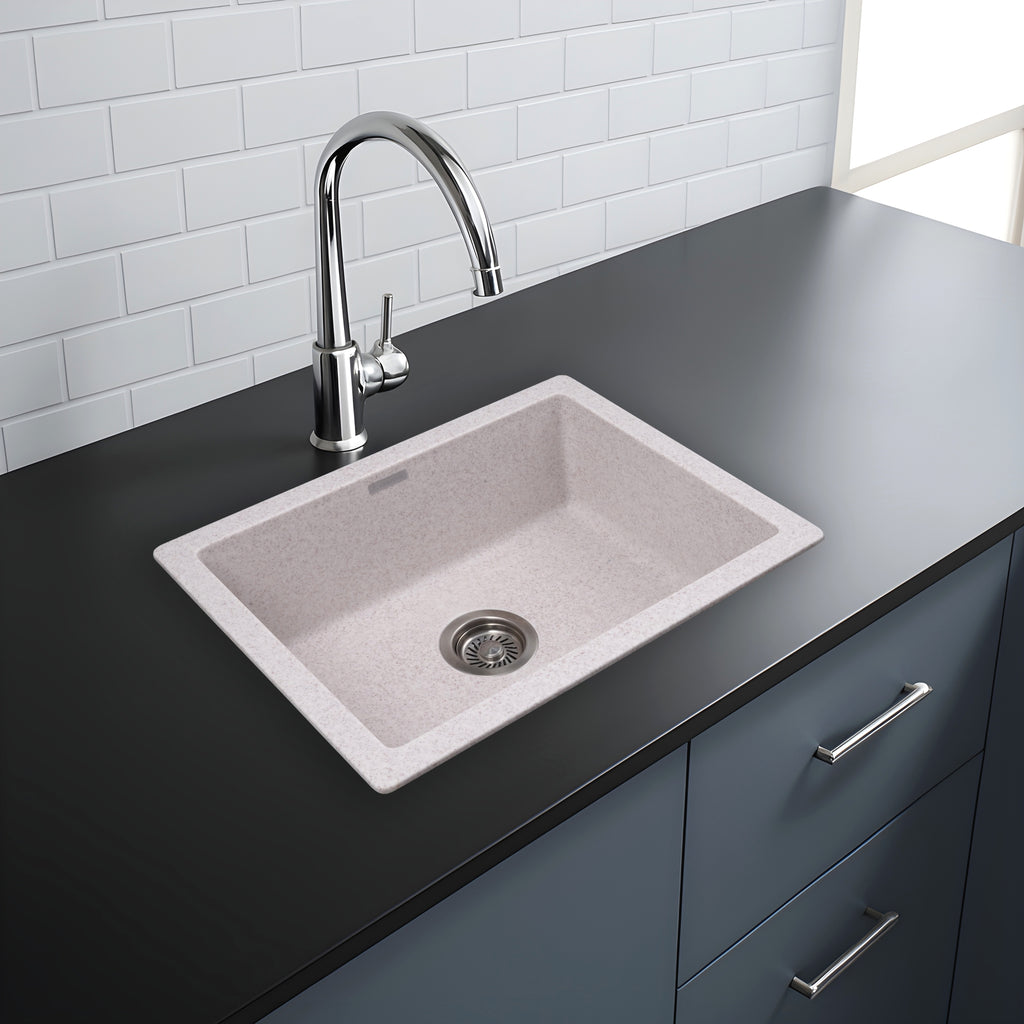 Asiatique Single Bowl Quartz Kitchen Sink (D101- IKON), Granite Finish, 304 Grade SS coupling, Slop Drain, Noise Reduction Design | 24 x 18 x 8 inches