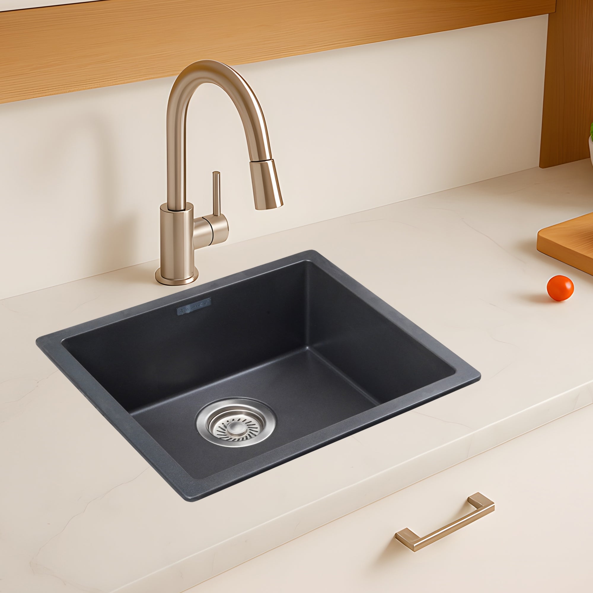 Asiatique Single Bowl Quartz Kitchen Sink (D101- IKON), Granite Finish, 304 Grade SS coupling, Slop Drain, Noise Reduction Design | 24 x 18 x 8 inches