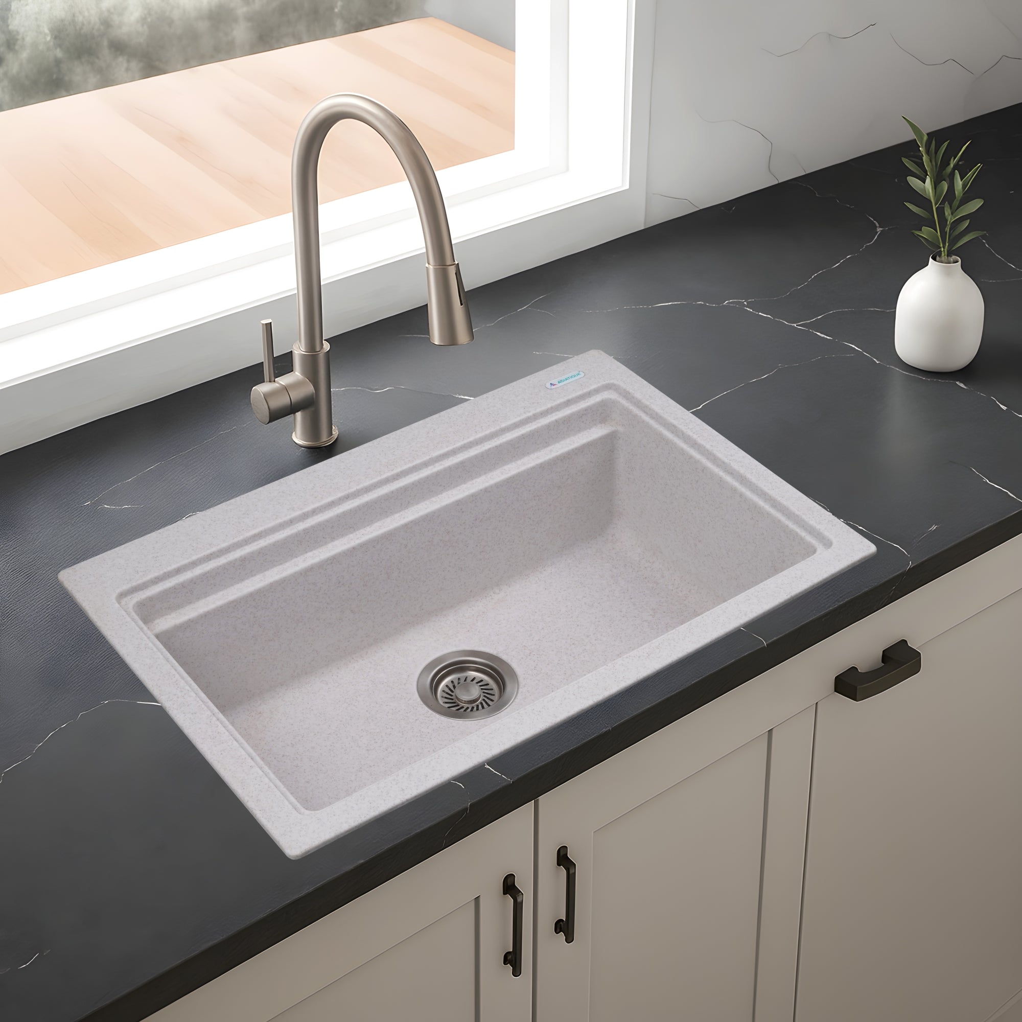 Asiatique Granite Kitchen Sink D-102 (PRECIS) | 28.5" x 19" | German Quartz Single Bowl | Top, Flush & Under Mount