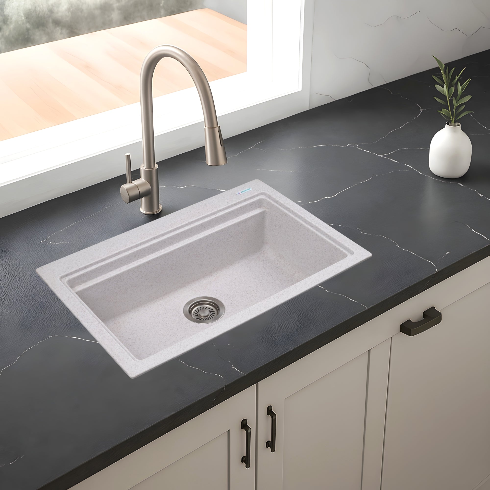 Asiatique Single Bowl Quartz Kitchen Sink (D102- PRECIS), Granite Finish, 304 Grade SS coupling, Slop Drain, Noise Reduction Design | 28.5 x 19 x 9 inches