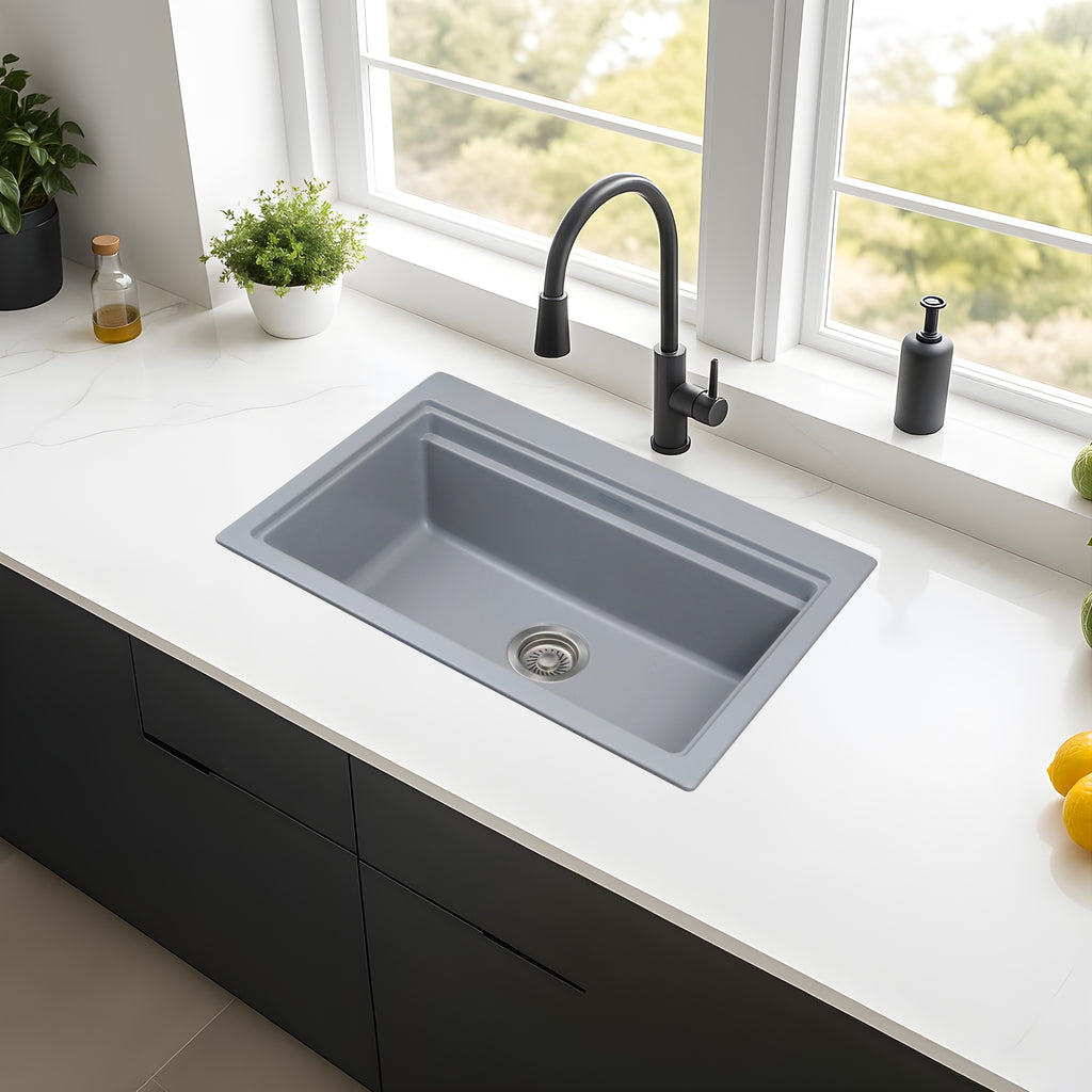 Asiatique Single Bowl Quartz Kitchen Sink (D102- PRECIS), Granite Finish, 304 Grade SS coupling, Slop Drain, Noise Reduction Design | 28.5 x 19 x 9 inches