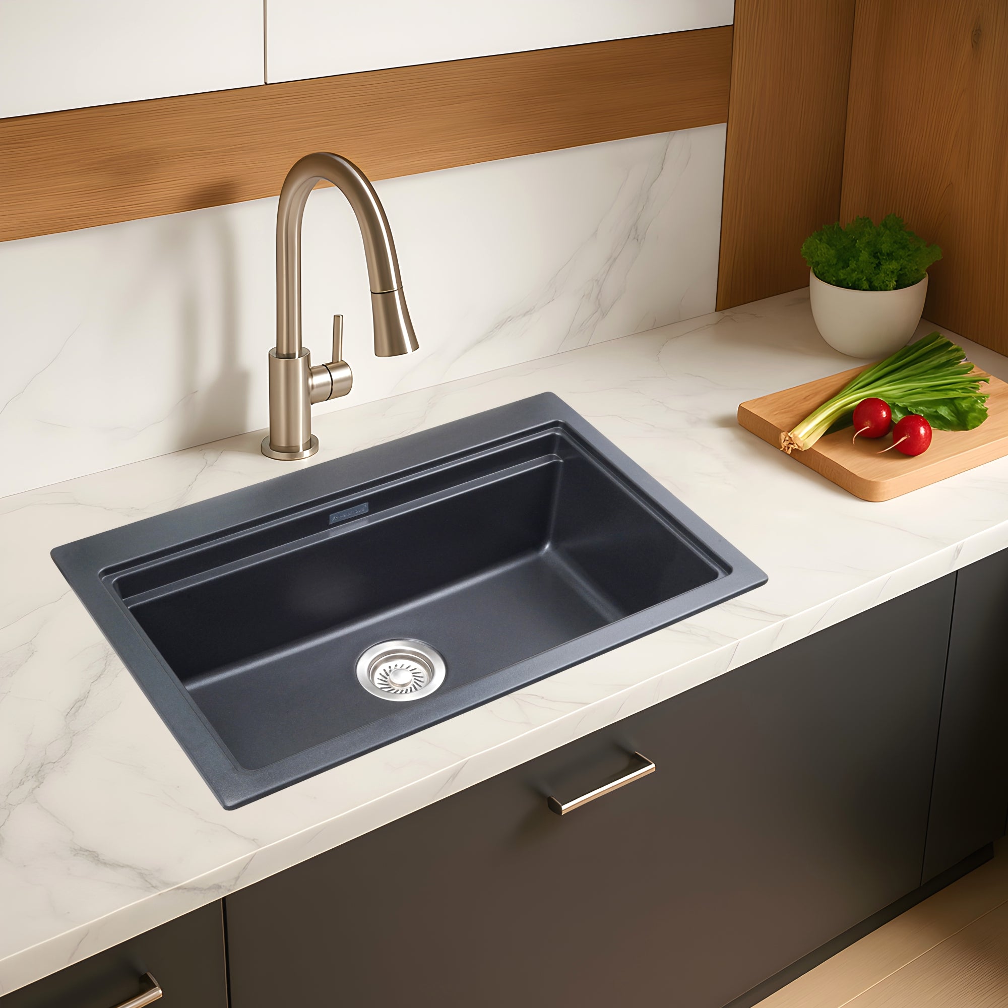 Asiatique Granite Kitchen Sink D-102 (PRECIS) | 28.5" x 19" | German Quartz Single Bowl | Top, Flush & Under Mount