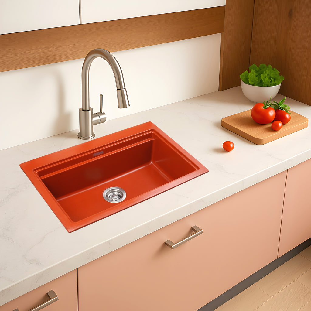 Asiatique Single Bowl Quartz Kitchen Sink (D102- PRECIS), Granite Finish, 304 Grade SS coupling, Slop Drain, Noise Reduction Design | 28.5 x 19 x 9 inches