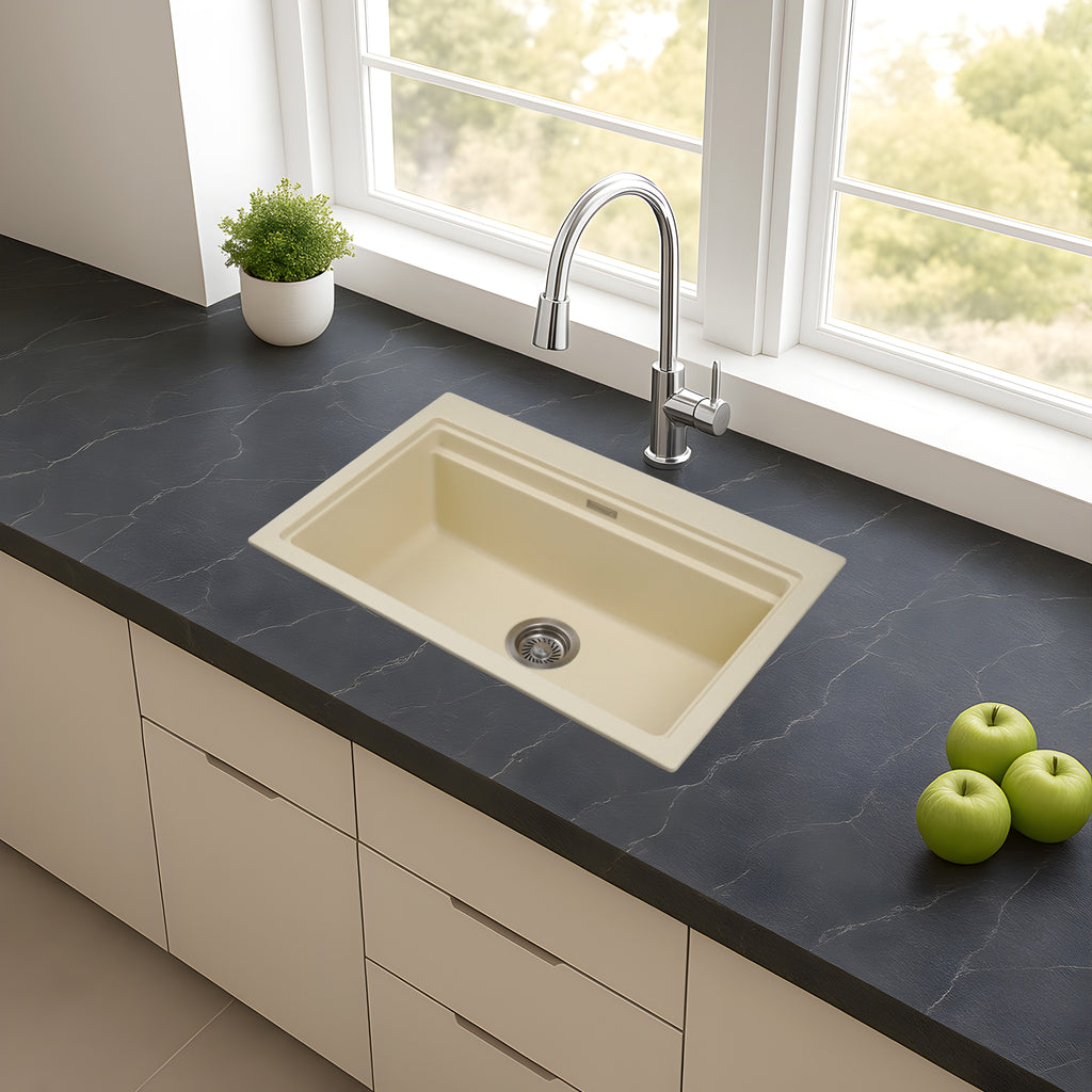 Asiatique Single Bowl Quartz Kitchen Sink (D102- PRECIS), Granite Finish, 304 Grade SS coupling, Slop Drain, Noise Reduction Design | 28.5 x 19 x 9 inches