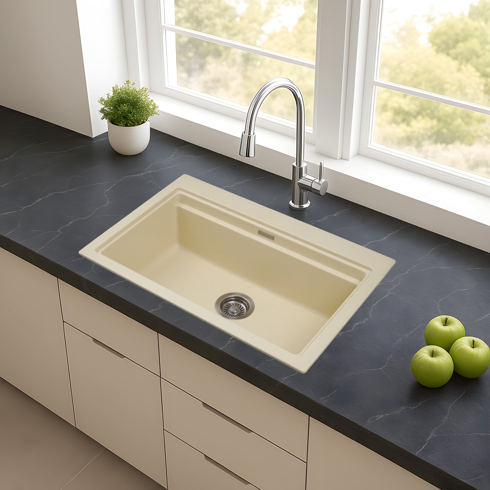 Asiatique Granite Kitchen Sink D-102 (PRECIS) | 28.5" x 19" | German Quartz Single Bowl | Top, Flush & Under Mount