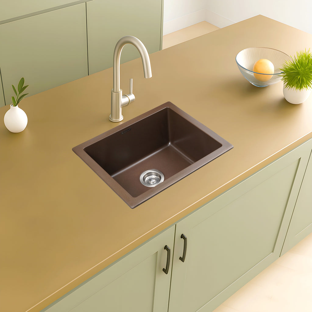 Asiatique Single Bowl Quartz Kitchen Sink (D103- ARENA), Granite Finish, 304 Grade SS coupling, Slop Drain, Noise Reduction Design | 21 x 18 x 9 inches
