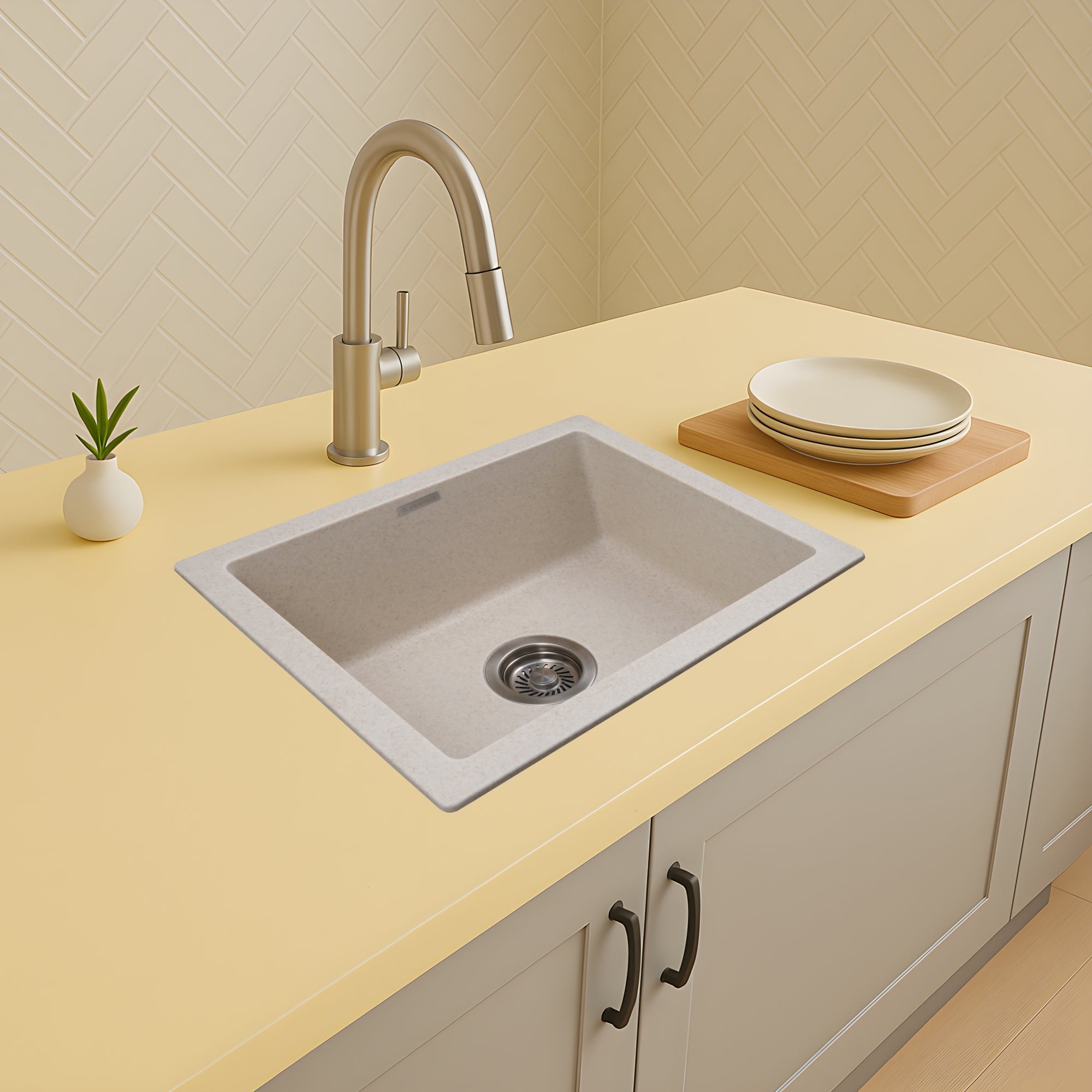 Asiatique Granite Kitchen Sink D-103 (ARENA) | 21" x 18" | German Quartz Single Bowl | Top, Flush & Under Mount