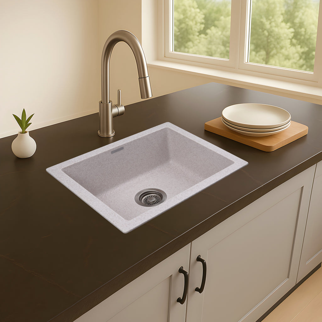 Asiatique Single Bowl Quartz Kitchen Sink (D103- ARENA), Granite Finish, 304 Grade SS coupling, Slop Drain, Noise Reduction Design | 21 x 18 x 9 inches
