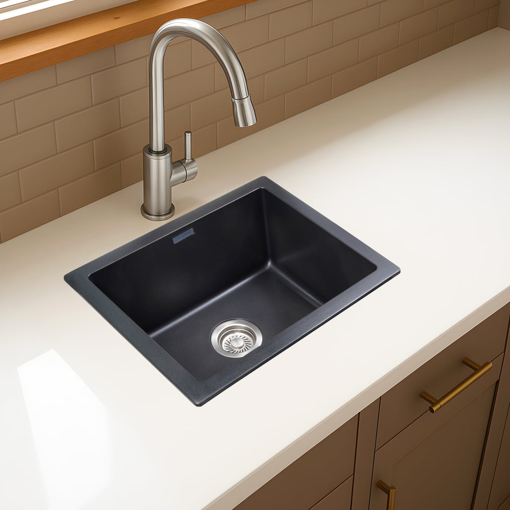 Asiatique Single Bowl Quartz Kitchen Sink (D103- ARENA), Granite Finish, 304 Grade SS coupling, Slop Drain, Noise Reduction Design | 21 x 18 x 9 inches