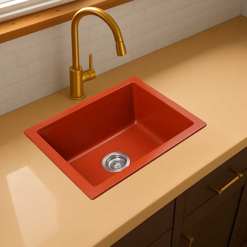 Asiatique Single Bowl Quartz Kitchen Sink (D103- ARENA), Granite Finish, 304 Grade SS coupling, Slop Drain, Noise Reduction Design | 21 x 18 x 9 inches