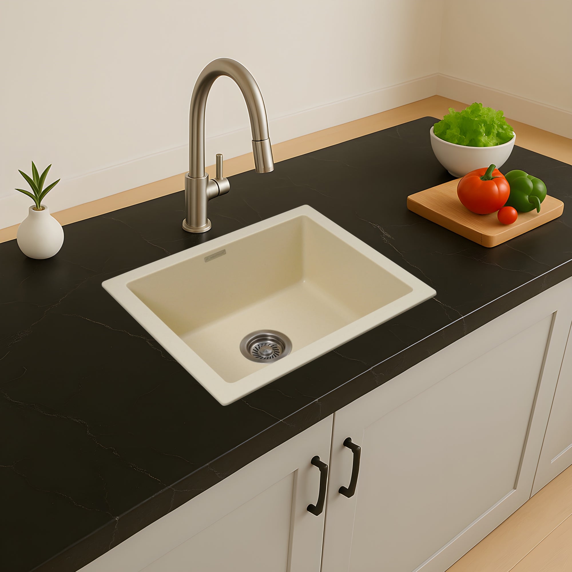 Asiatique Granite Kitchen Sink D-103 (ARENA) | 21" x 18" | German Quartz Single Bowl | Top, Flush & Under Mount
