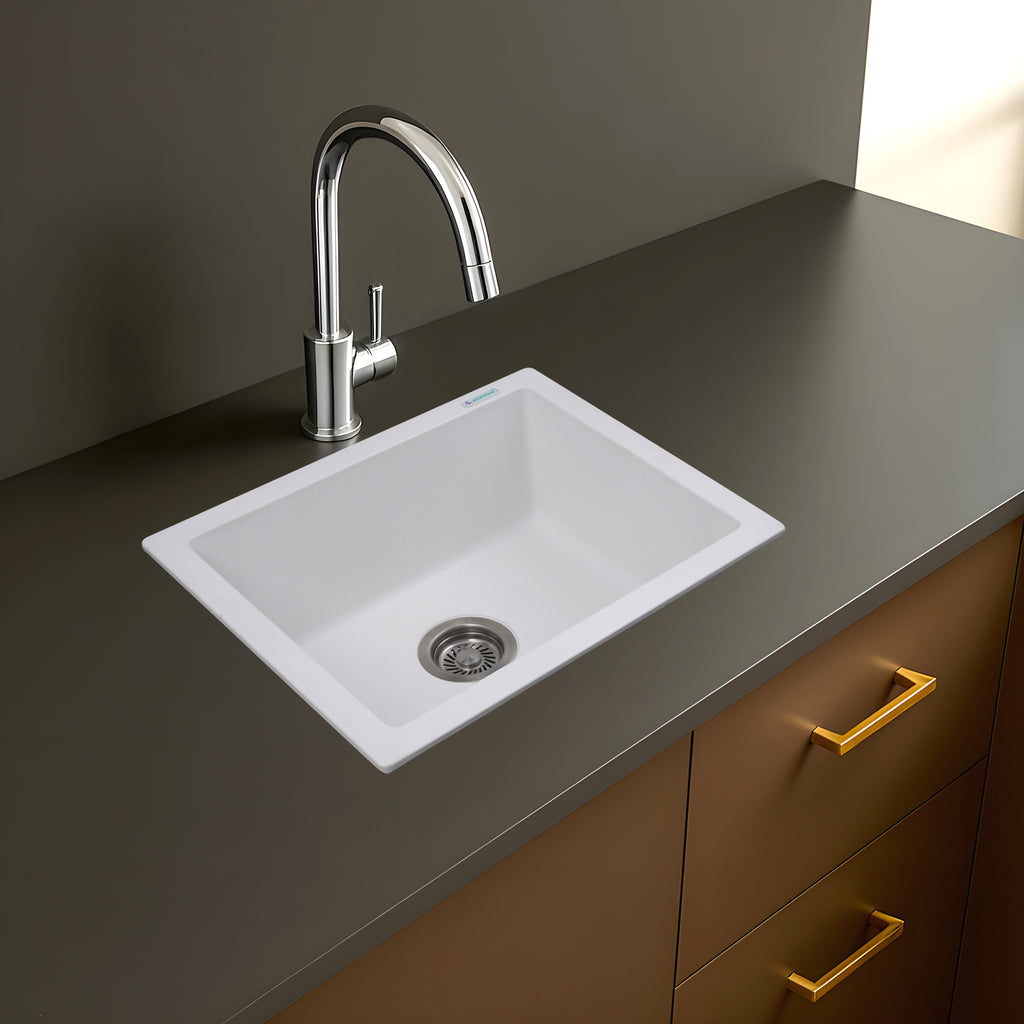 Asiatique Single Bowl Quartz Kitchen Sink (D103- ARENA), Granite Finish, 304 Grade SS coupling, Slop Drain, Noise Reduction Design | 21 x 18 x 9 inches