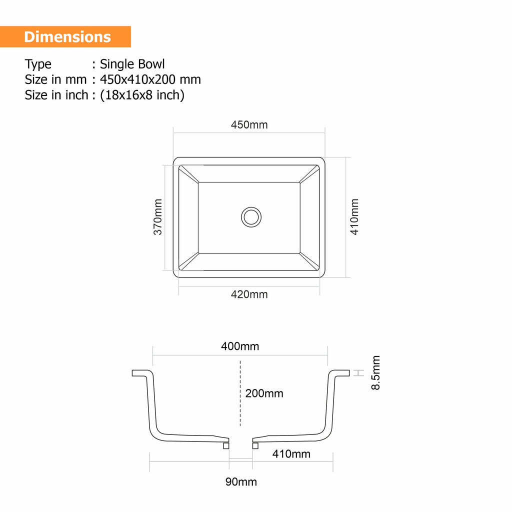 Asiatique Granite Kitchen Sink D-104 (LAVELLO) | 18" x 16" | German Quartz Single Bowl | Top, Flush & Under Mount