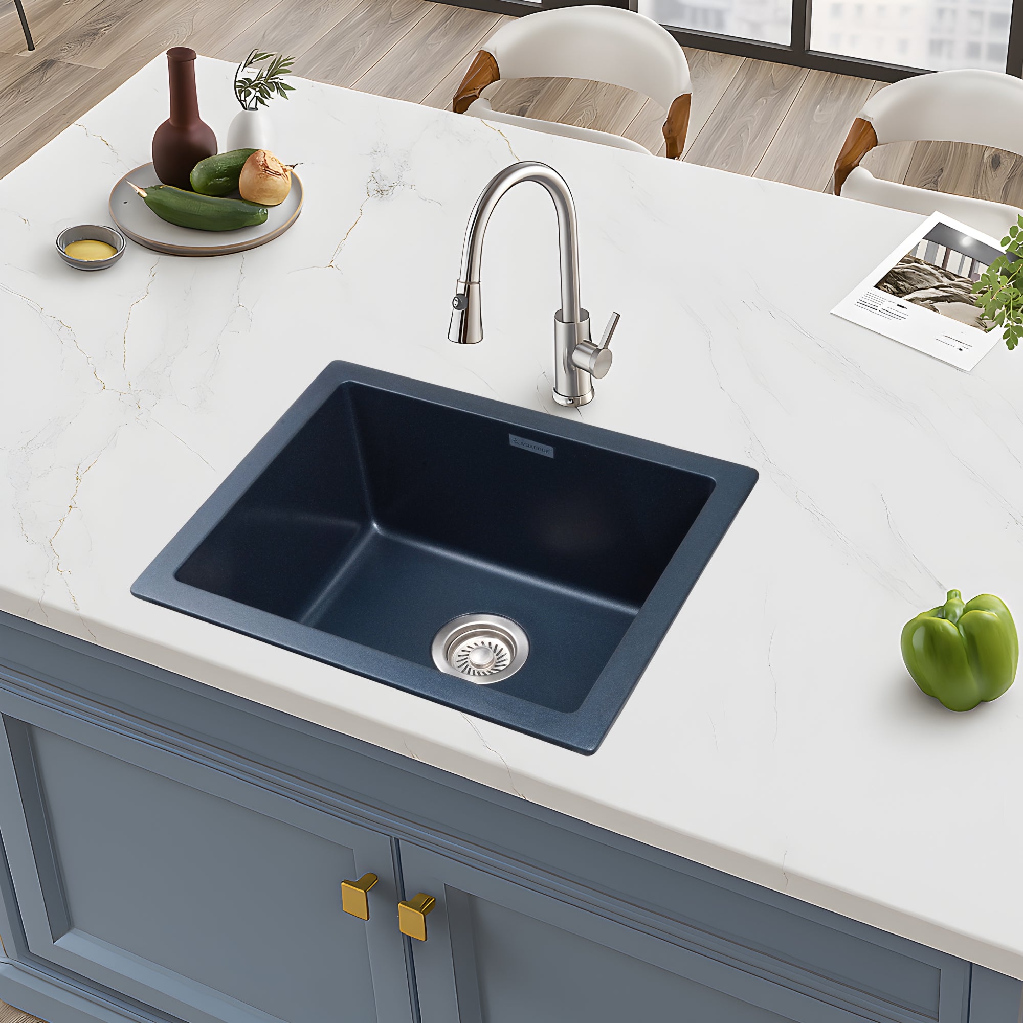 Asiatique Granite Kitchen Sink D-104 (LAVELLO) | 18" x 16" | German Quartz Single Bowl | Top, Flush & Under Mount