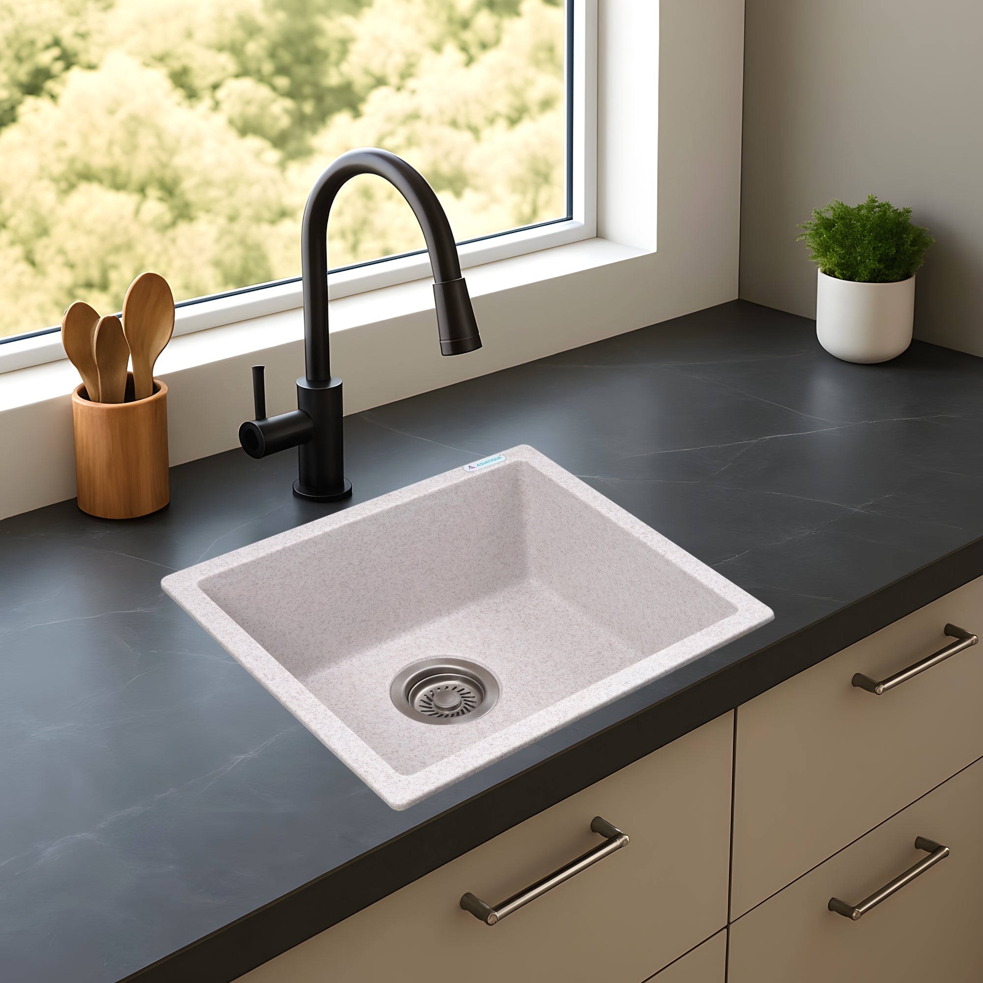 Asiatique Granite Kitchen Sink D-104 (LAVELLO) | 18" x 16" | German Quartz Single Bowl | Top, Flush & Under Mount