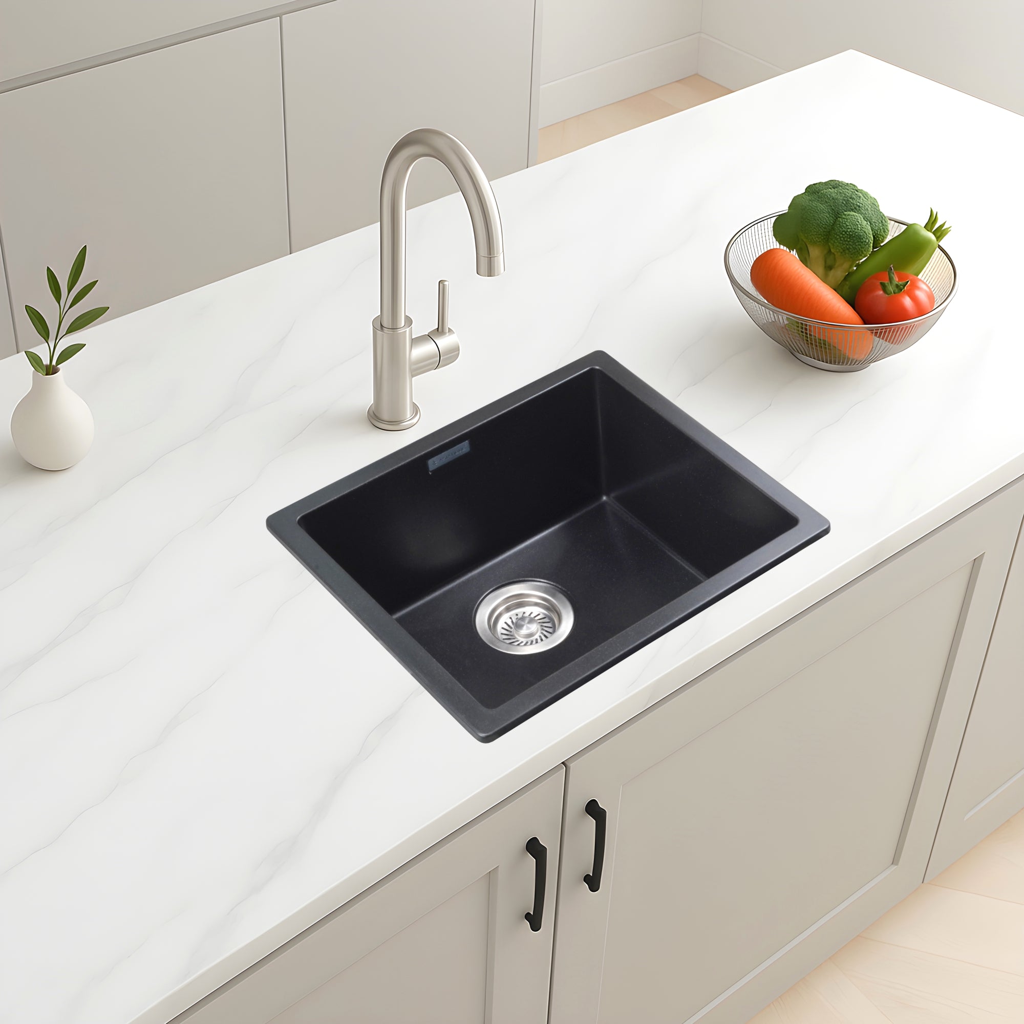 Asiatique Granite Kitchen Sink D-104 (LAVELLO) | 18" x 16" | German Quartz Single Bowl | Top, Flush & Under Mount