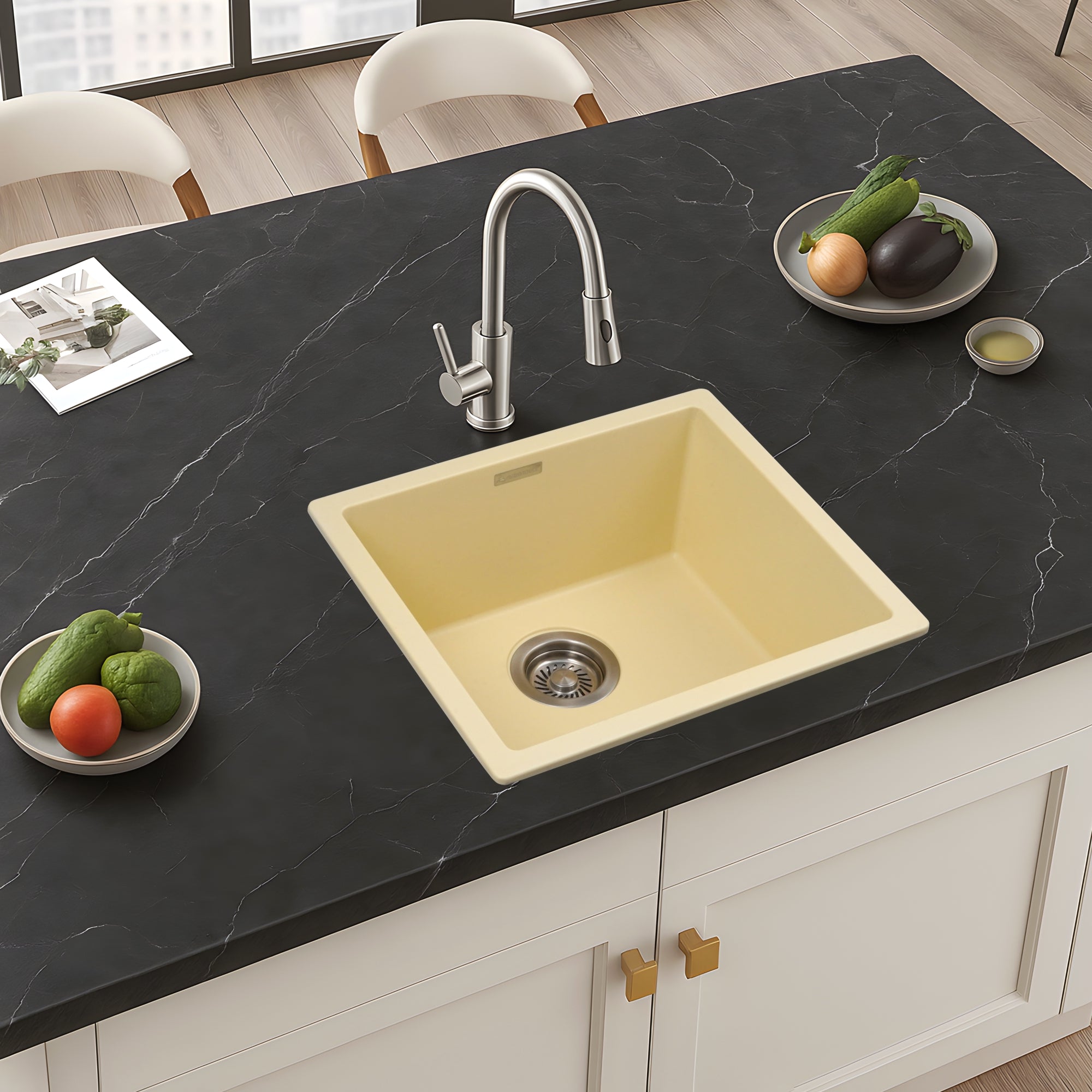 Asiatique Granite Kitchen Sink D-104 (LAVELLO) | 18" x 16" | German Quartz Single Bowl | Top, Flush & Under Mount
