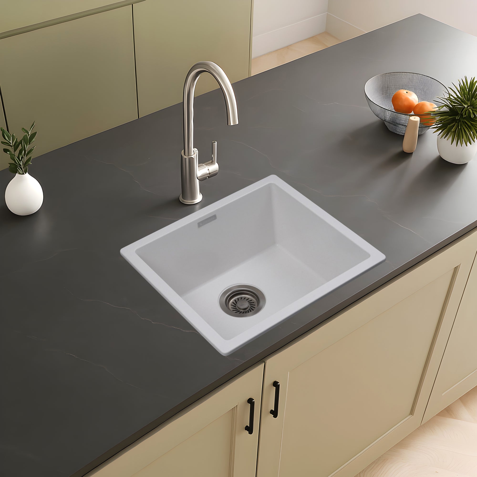 Asiatique Granite Kitchen Sink D-104 (LAVELLO) | 18" x 16" | German Quartz Single Bowl | Top, Flush & Under Mount