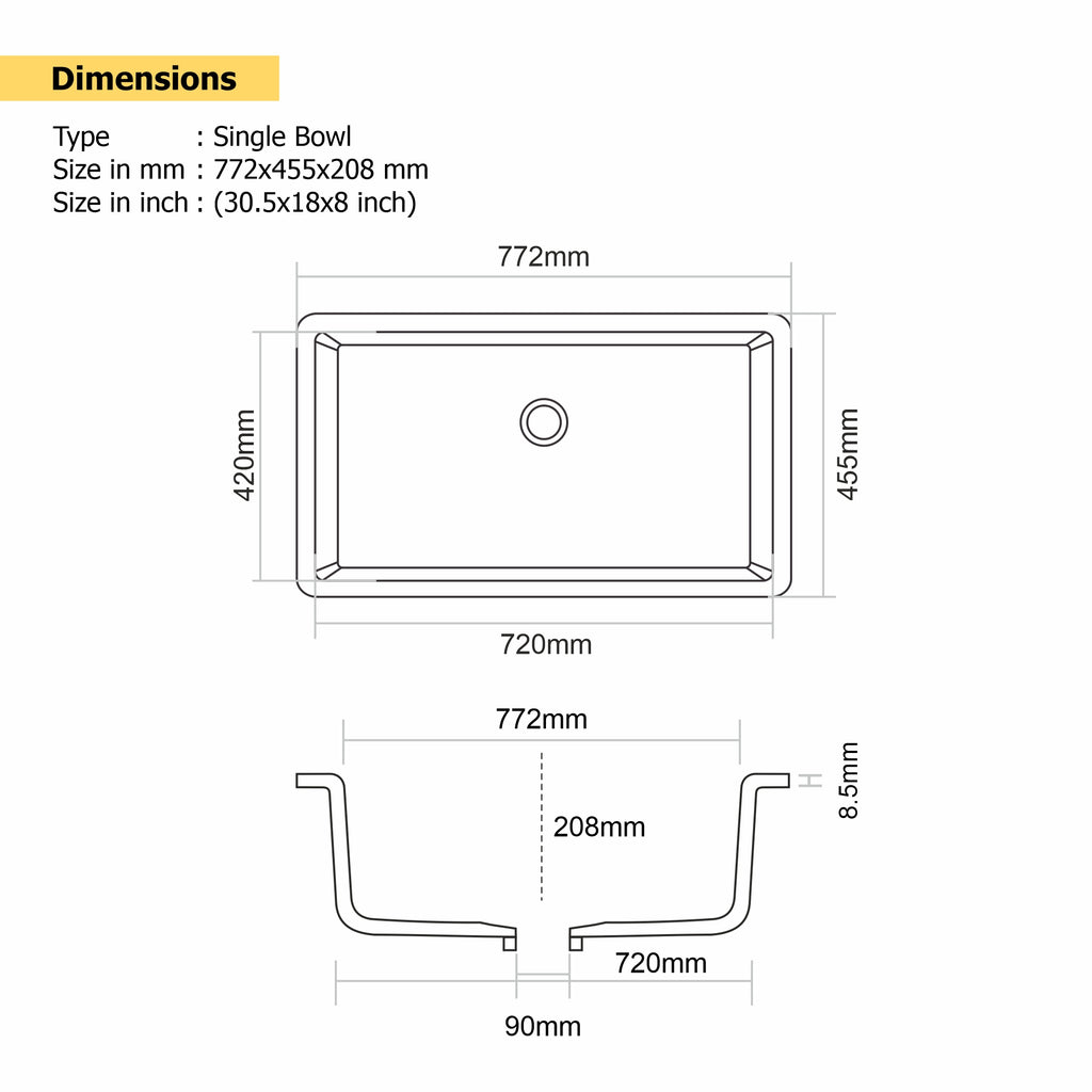 Asiatique Quartz Kitchen Sink D–106 (GOLD) | 30.5" x 18" | German Quartz Single Bowl | Top, Flush & Under Mount