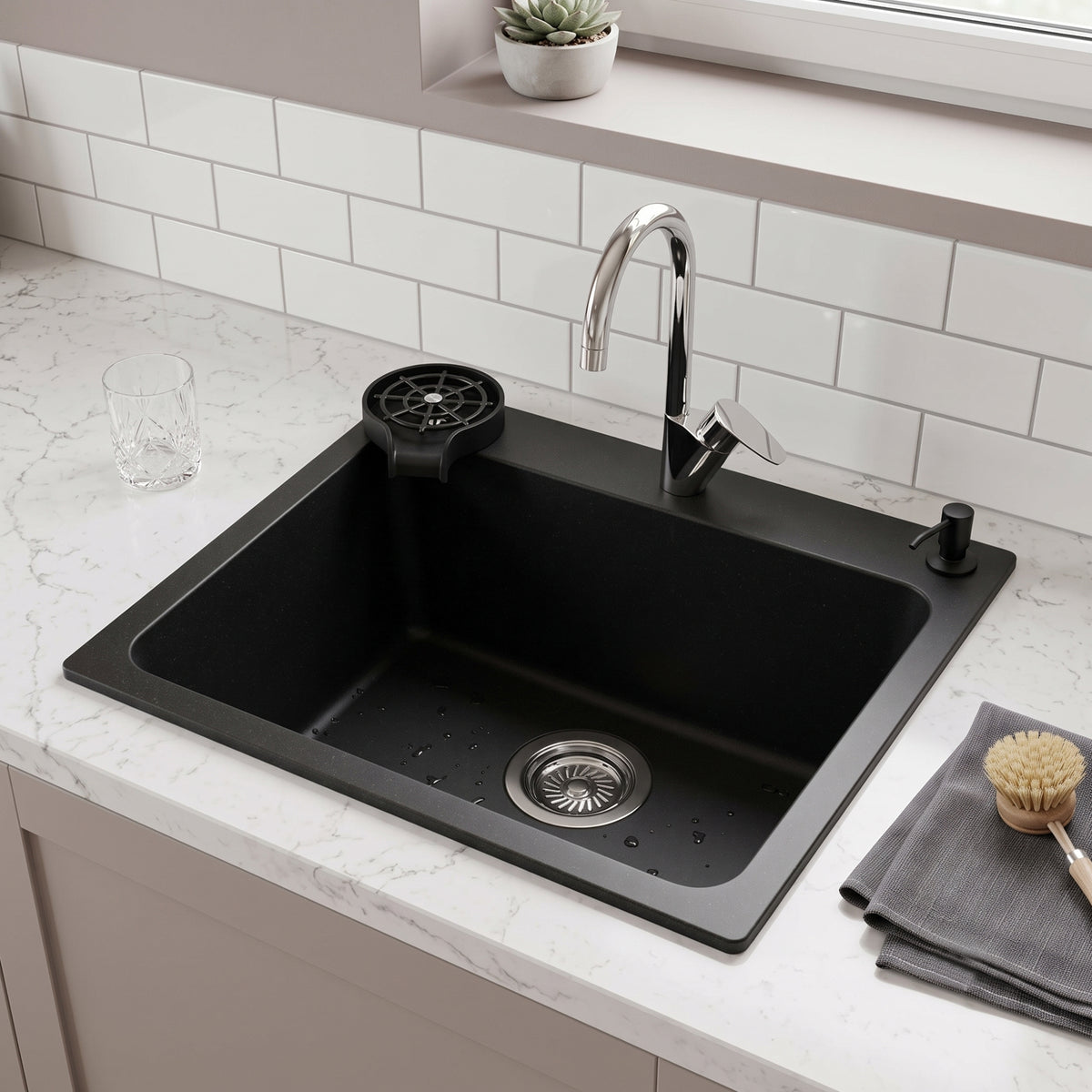 Asiatique Single Bowl Quartz Kitchen Sink (D107- LUXE) with Accessories, Granite Finish, 304 Grade SS coupling, Slop Drain, Noise Reduction Design | 24 x 20 x 9 inches