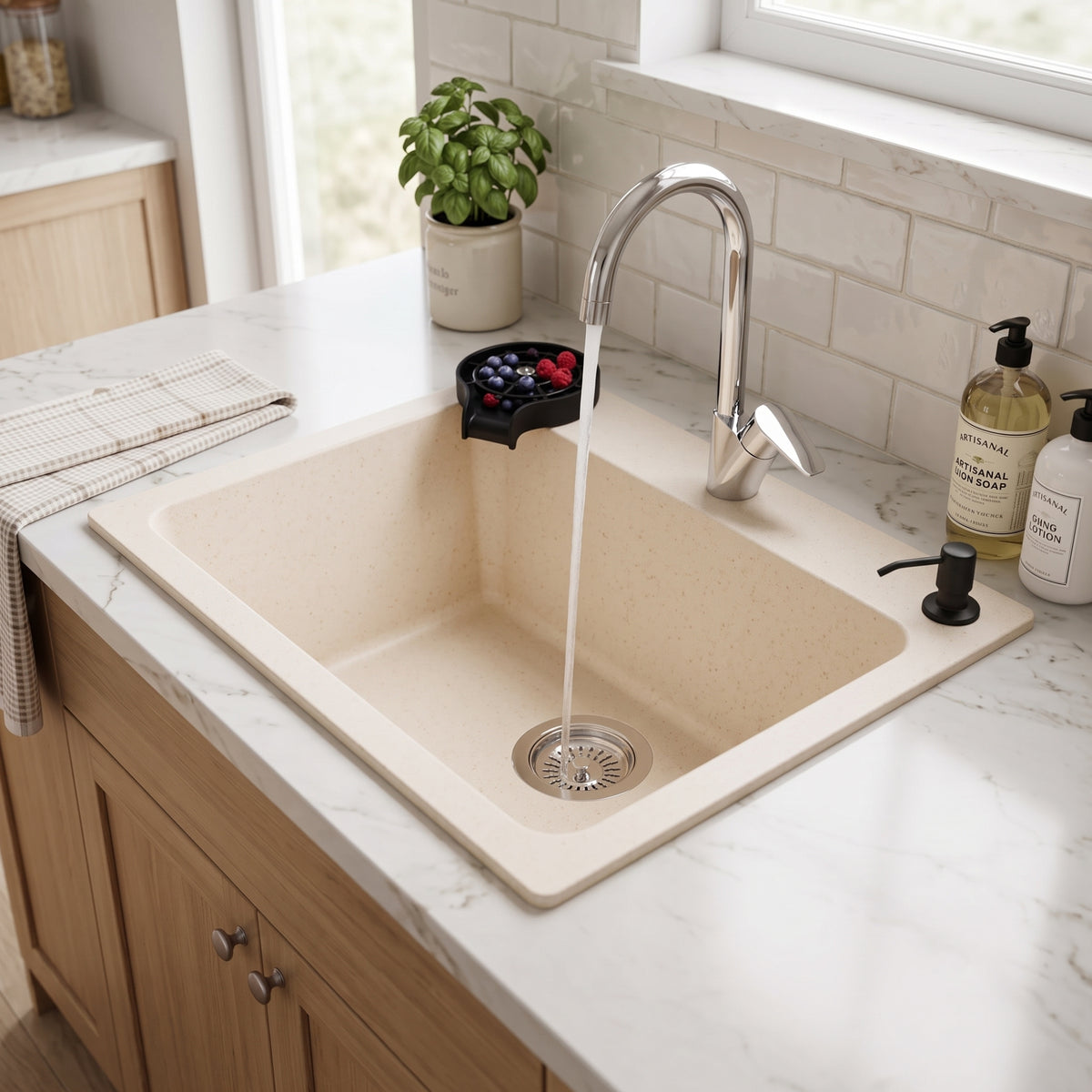 Asiatique Single Bowl Quartz Kitchen Sink (D107- LUXE), Granite Finish, 304 Grade SS coupling, Slop Drain, Noise Reduction Design | 24 x 20 x 9 inches