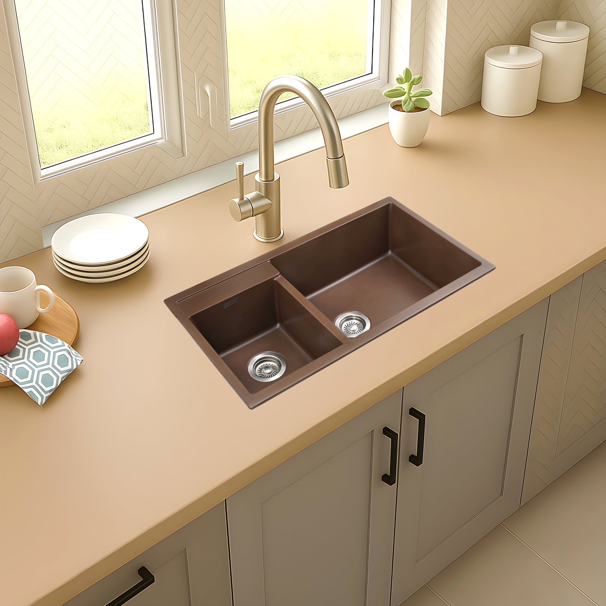 Asiatique Granite Kitchen Sink D-201 (ALEX) | 34" x 20" | German Quartz Double Bowl | Top, Flush & Under Mount